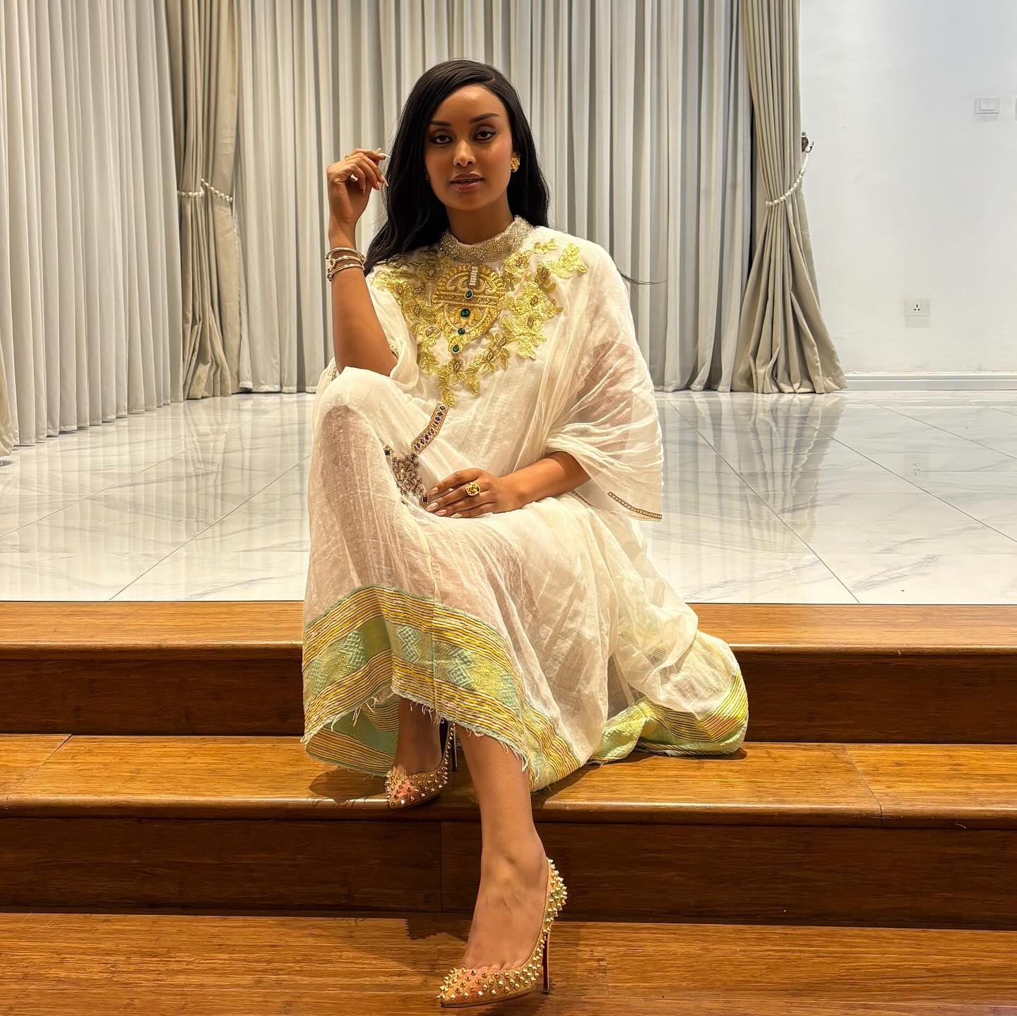 ESKEDAR ETHIOPIAN TRADITIONAL DRESS | GREEN EMBROIDERY HABESHA DRESS | SHORT STYLE HABESHA KEMIS