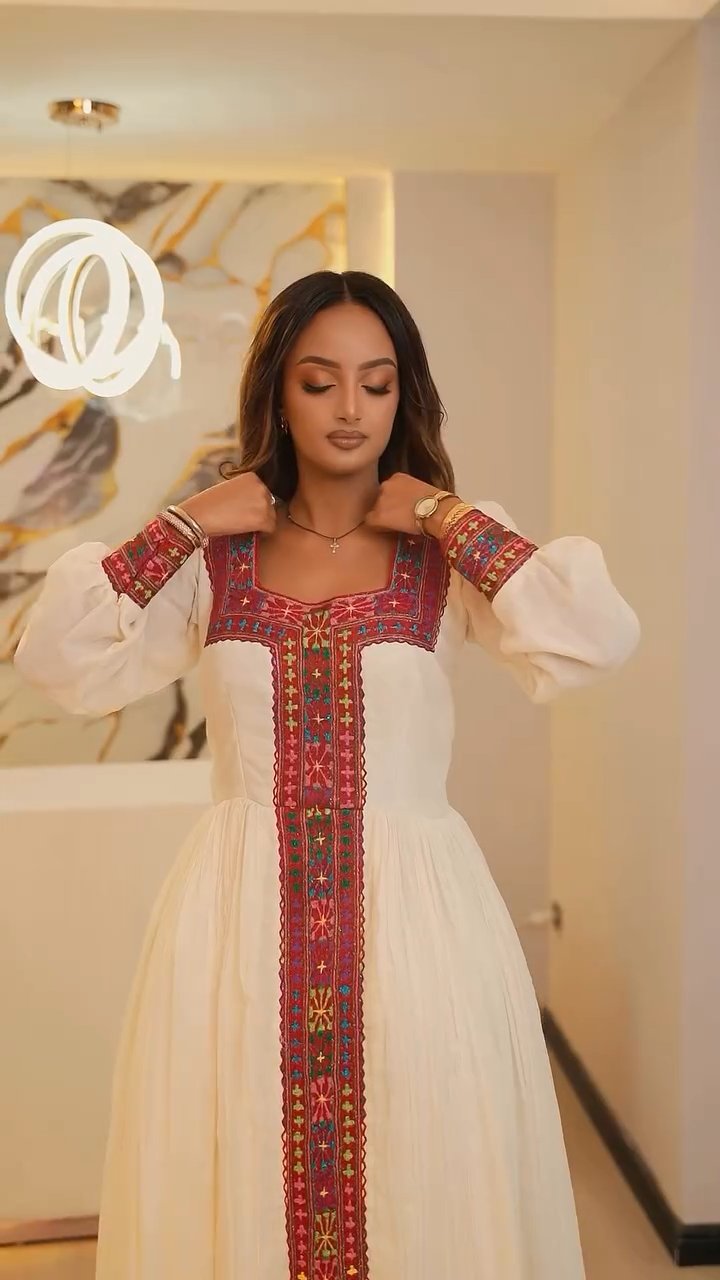 ZEWDY LONG SLEEVE HABESHA KEMIS | TRADITIONAL ETHIOPIAN DRESS FOR WOMEN | RED PATTERN HABESHA DRESS