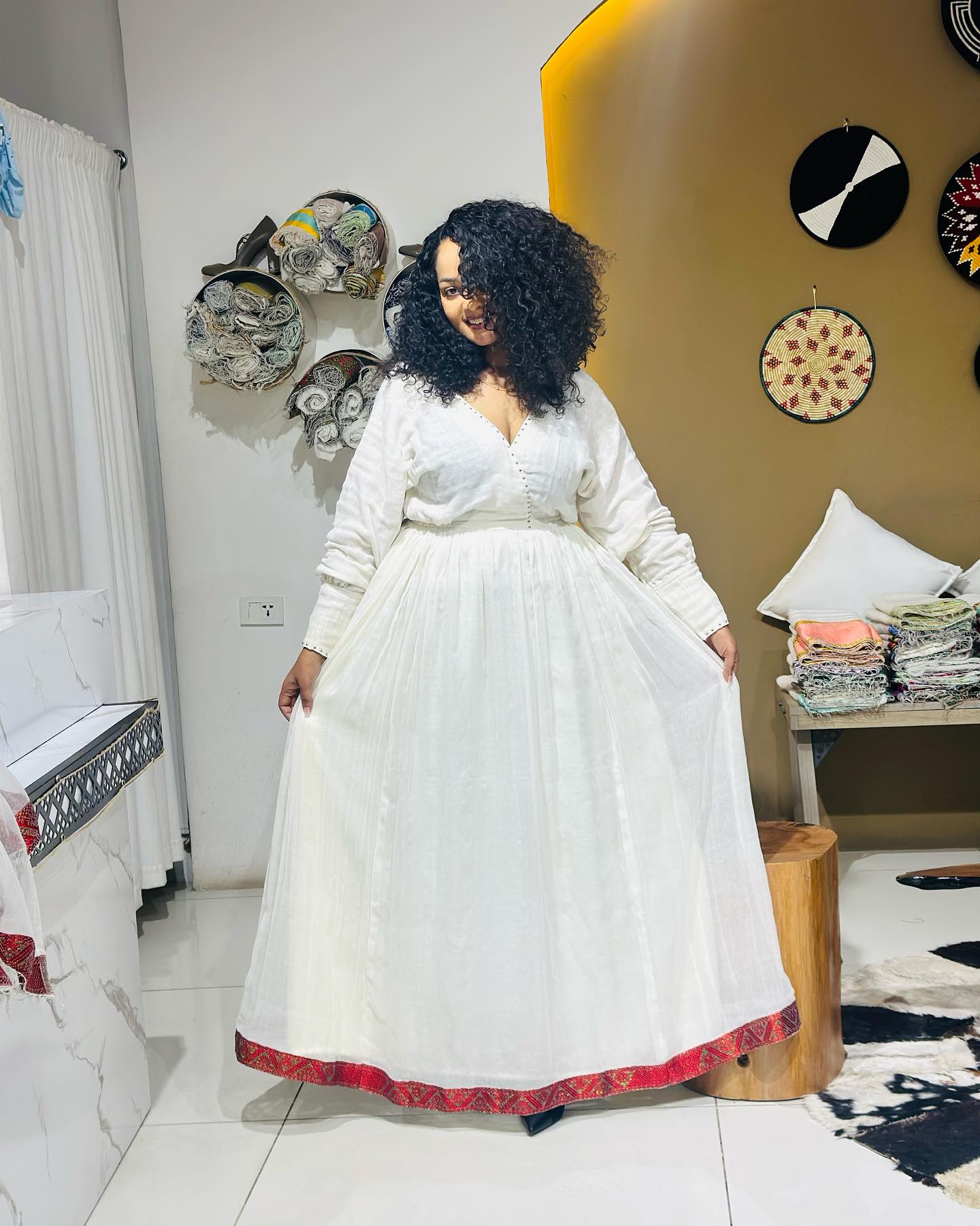 TIDENEK HABESHA DRESS | WHITE ETHIOPIAN TRADITIONAL DRESS WITH RED PATTERN | LONG SLEEVE HABESHA KEMIS