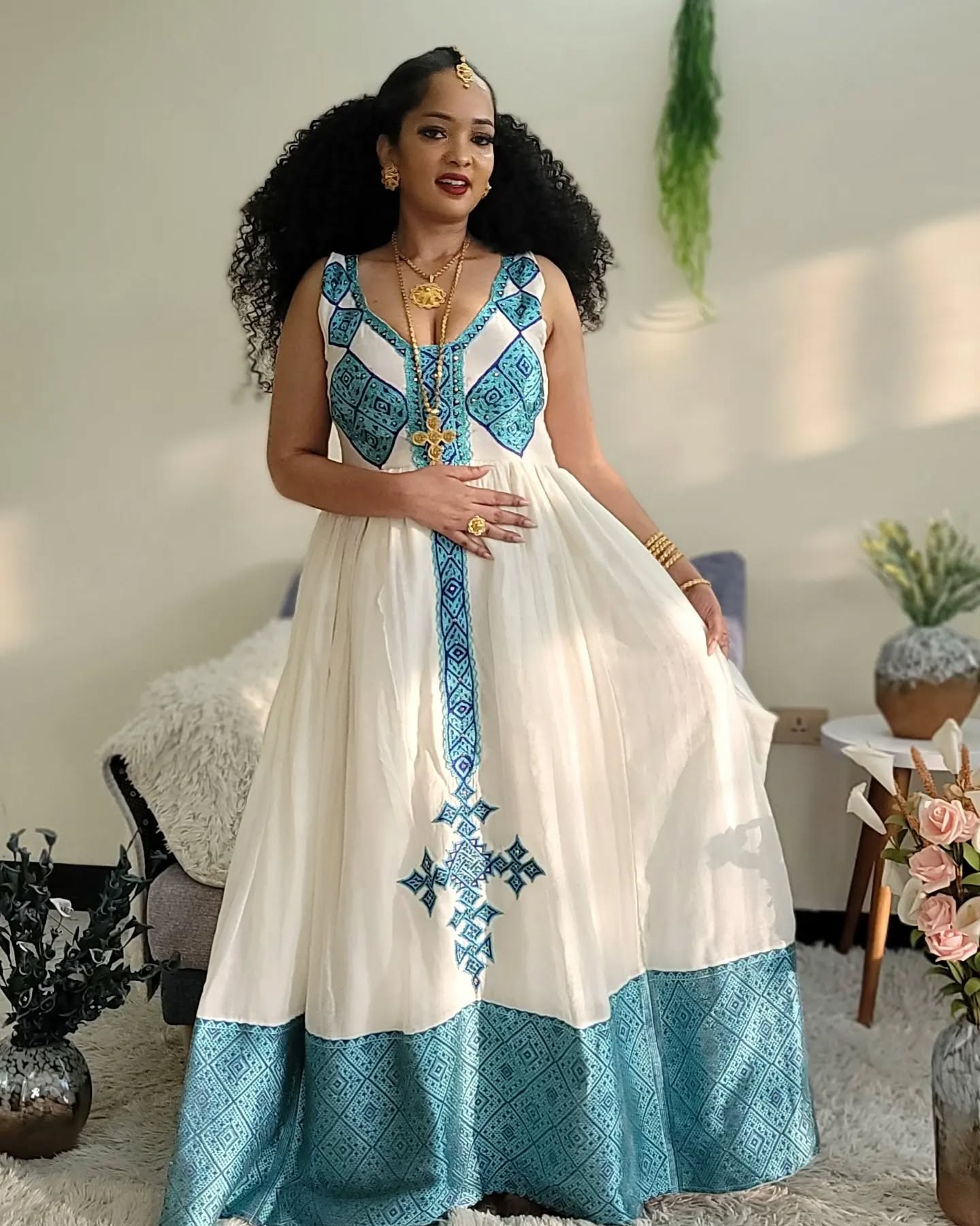 ZERITU SLEEVELESS ETHIOPIAN TRADITIONAL DRESS | CROSS EMBROIDERY HABESHA KEMIS | HABESHA DRESS FOR EVENT