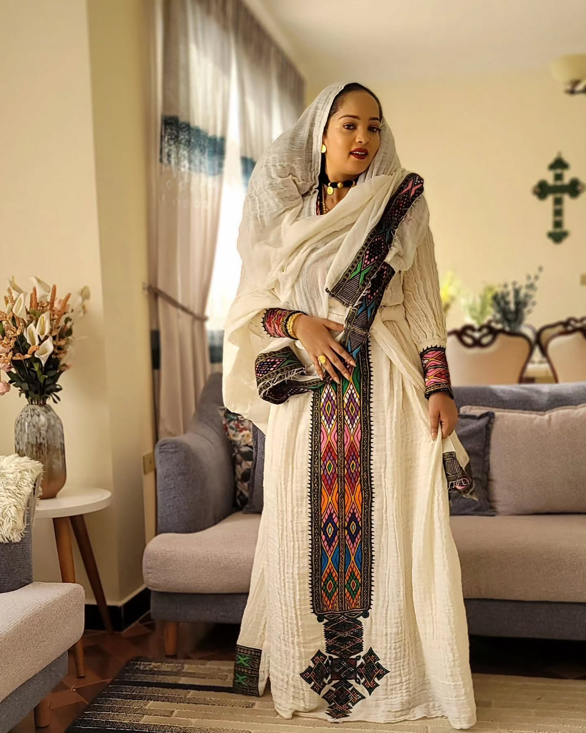 AMEL VIBRANT ETHIOPIAN DRESS | MULTICOLOR EMBROIDERY HABESHA KEMIS | HANDWOVEN HABESHA DRESS