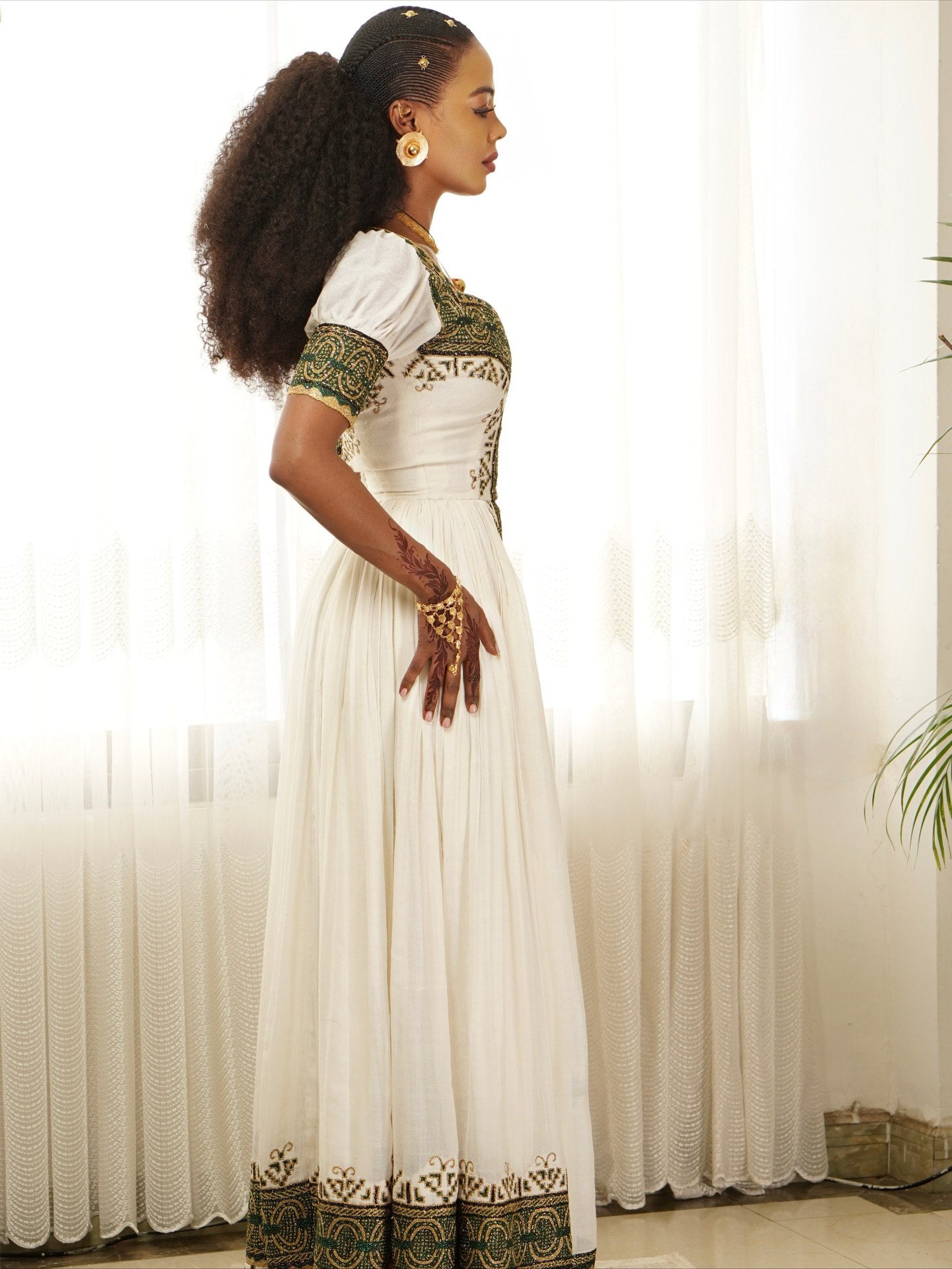 ATKLTI CEREMONIAL ATTIRE HABESHA DRESS | GREEN EMBROIDERY ETHIOPIAN DRESS | HERITAGE INSPIRED HABESHA KEMIS