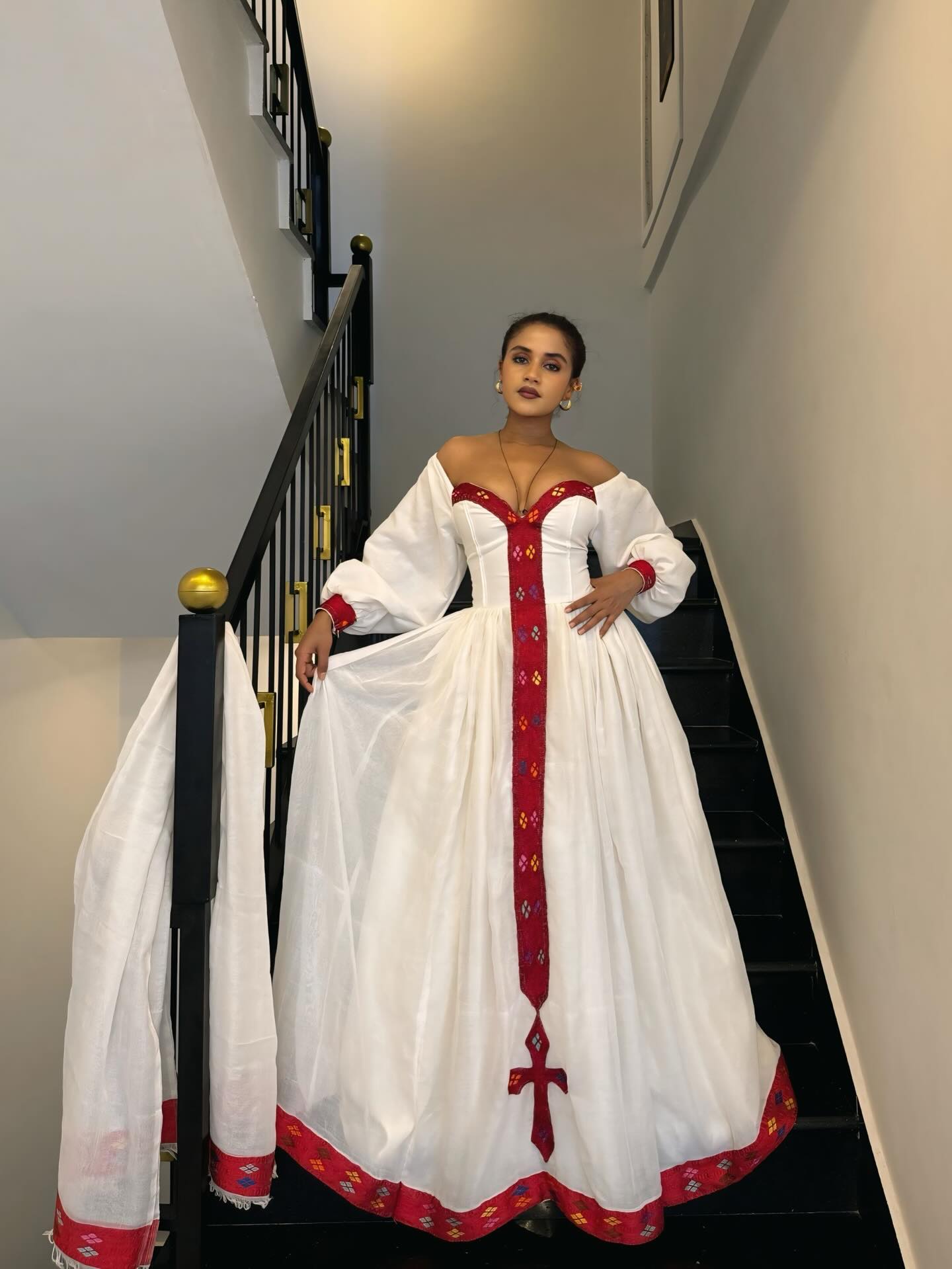 ZEBIDER OFF SHOULDER HABESHA DRESS | ETHIOPIAN DRESS COLLECTION | CROSS PATTERN HABESHA KEMIS