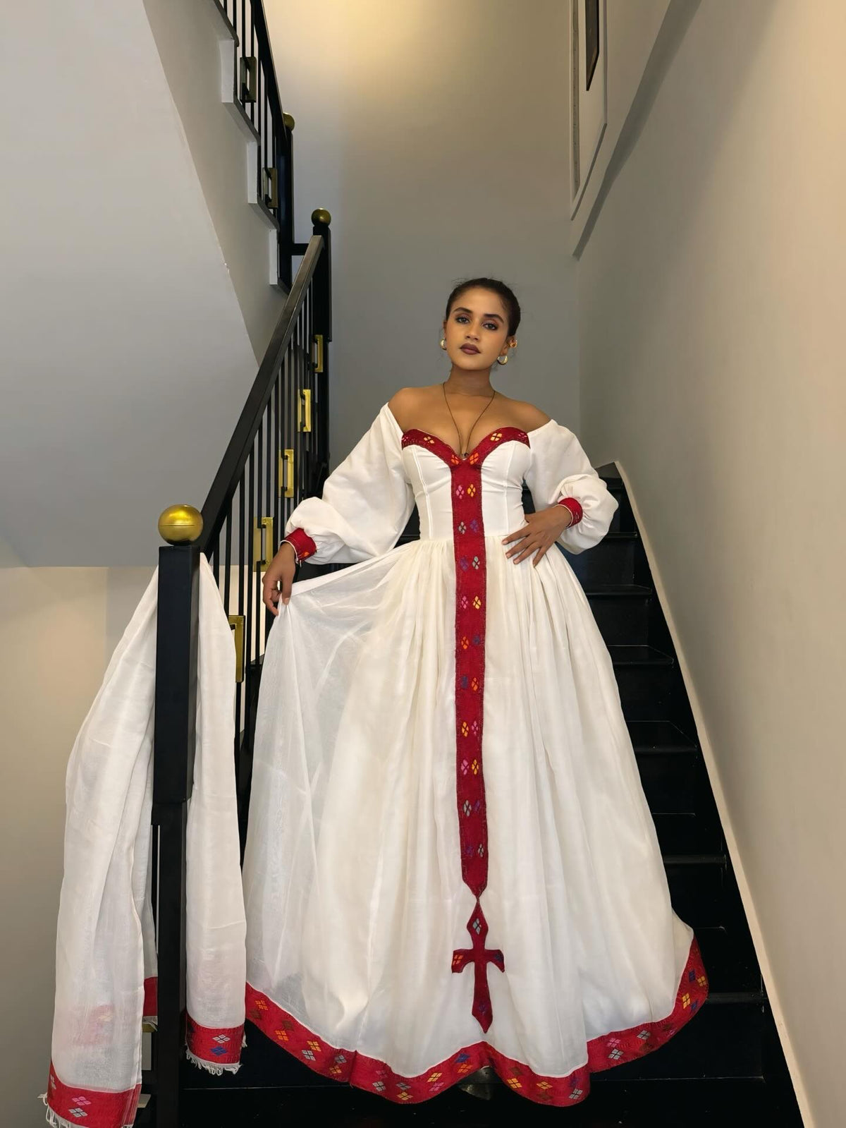 ZEBIDER OFF SHOULDER HABESHA DRESS | ETHIOPIAN DRESS COLLECTION | CROSS PATTERN HABESHA KEMIS