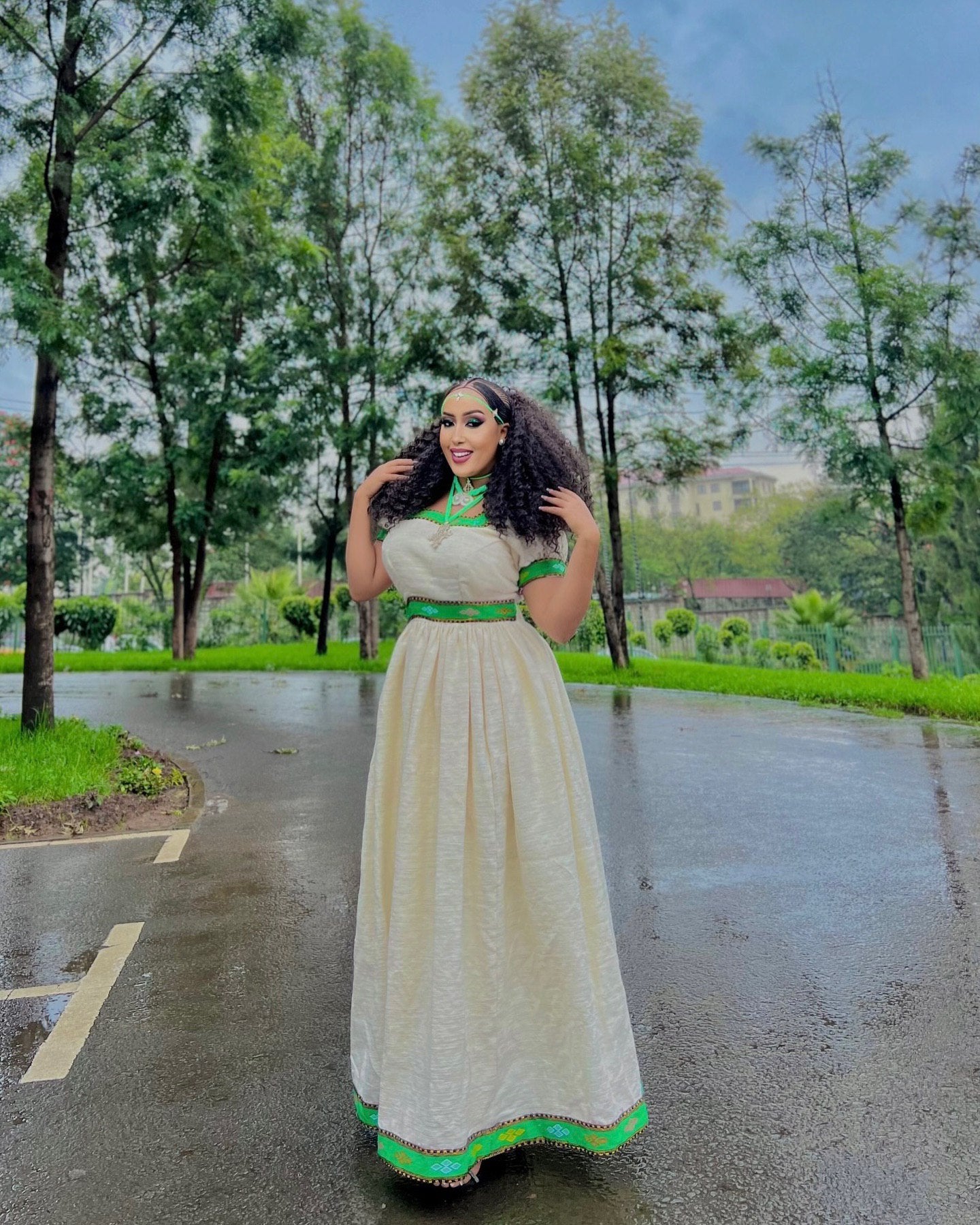 LISH SHORT SLEEVE HABESHA DRESS | GREEN PATTERN HABESHA KEMIS | ETHIOPIAN TRADITIONAL DRESS STYLE