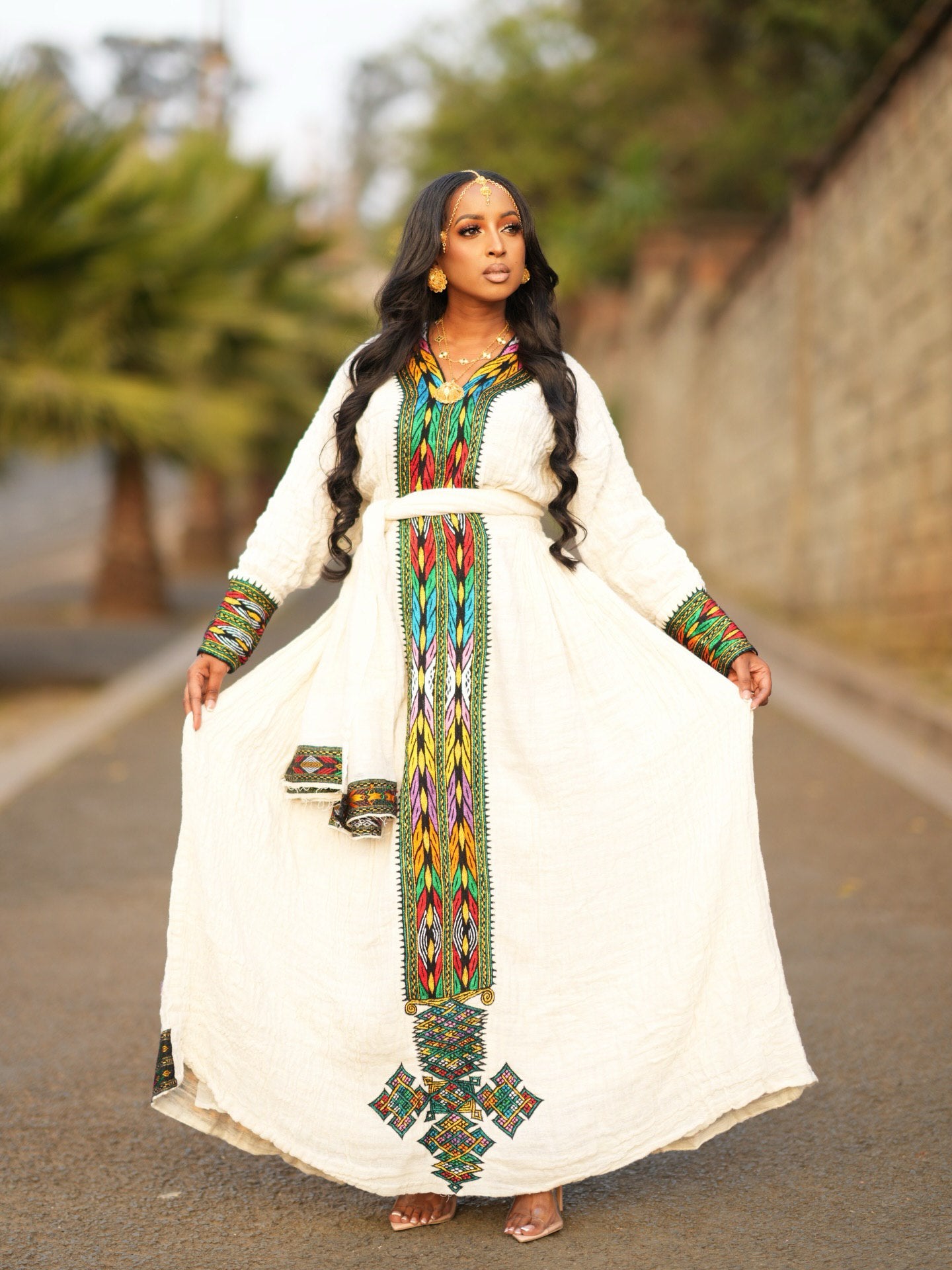NETSITA TRADITIONAL HABESHA DRESS | LONG SLEEVE HABESHA KEMIS | COLORFUL EMBROIDERY ETHIOPIAN DRESS