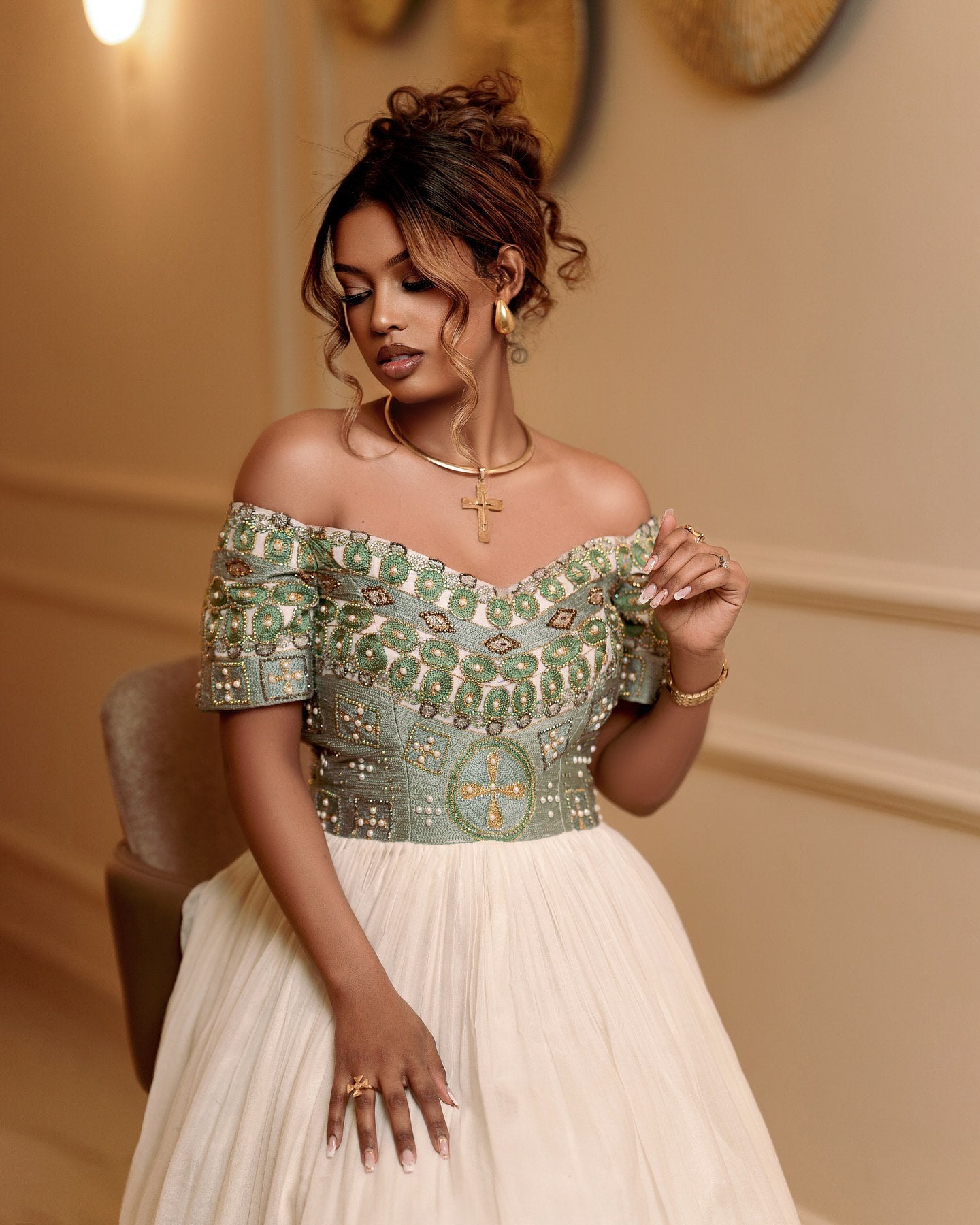 FANTAYE OFF-SHOULDER ETHIOPIAN DRESS | GREEN EMBROIDERY HABESHA KEMIS | ETHIOPIAN WEDDING DRESS