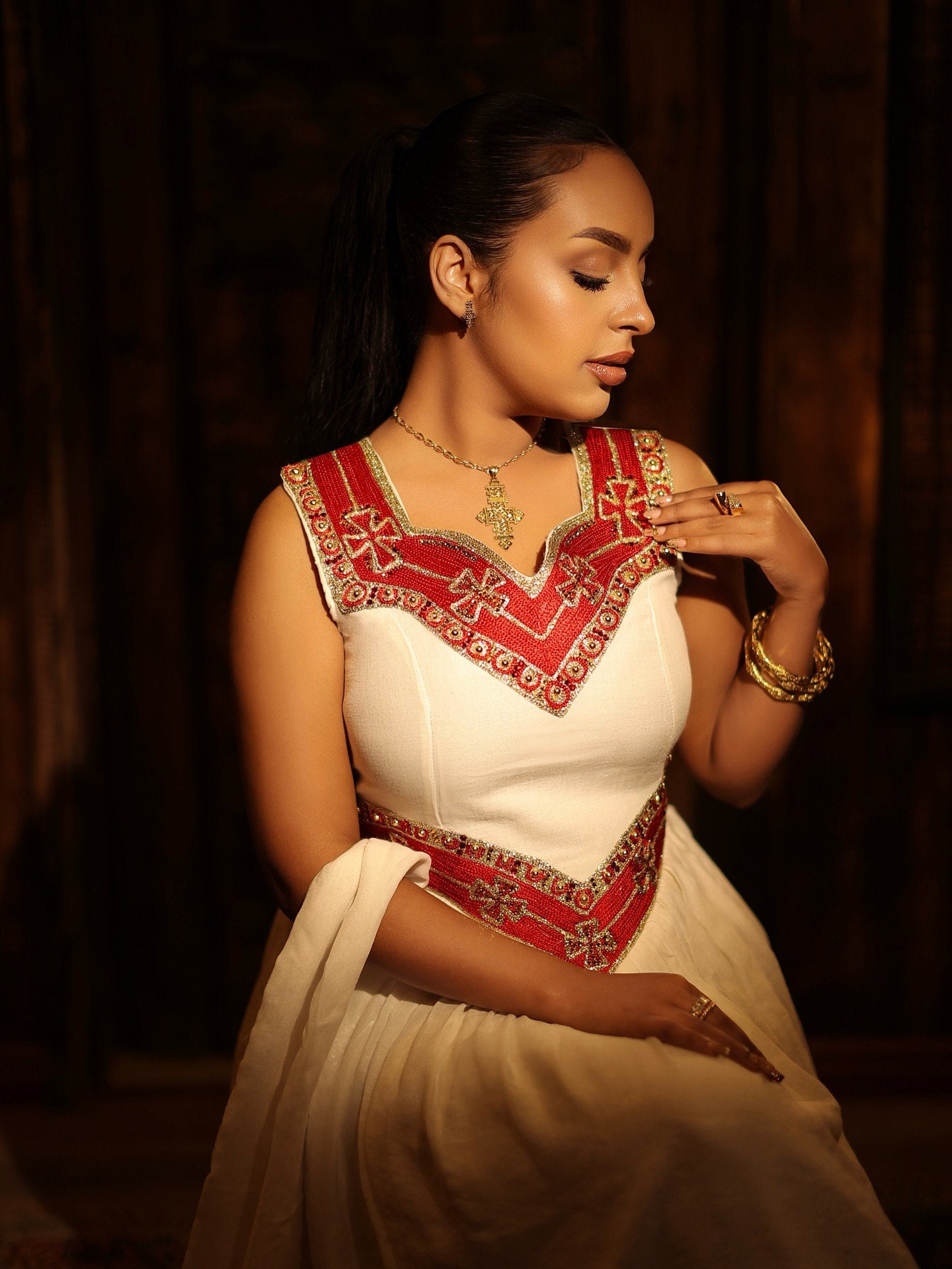 ALEMTSEHAY SLEEVELESS HABESHA KEMIS | RED AND GOLDEN EMBROIDERY HABESHA DRESS | CHARMING ETHIOPIAN DRESS