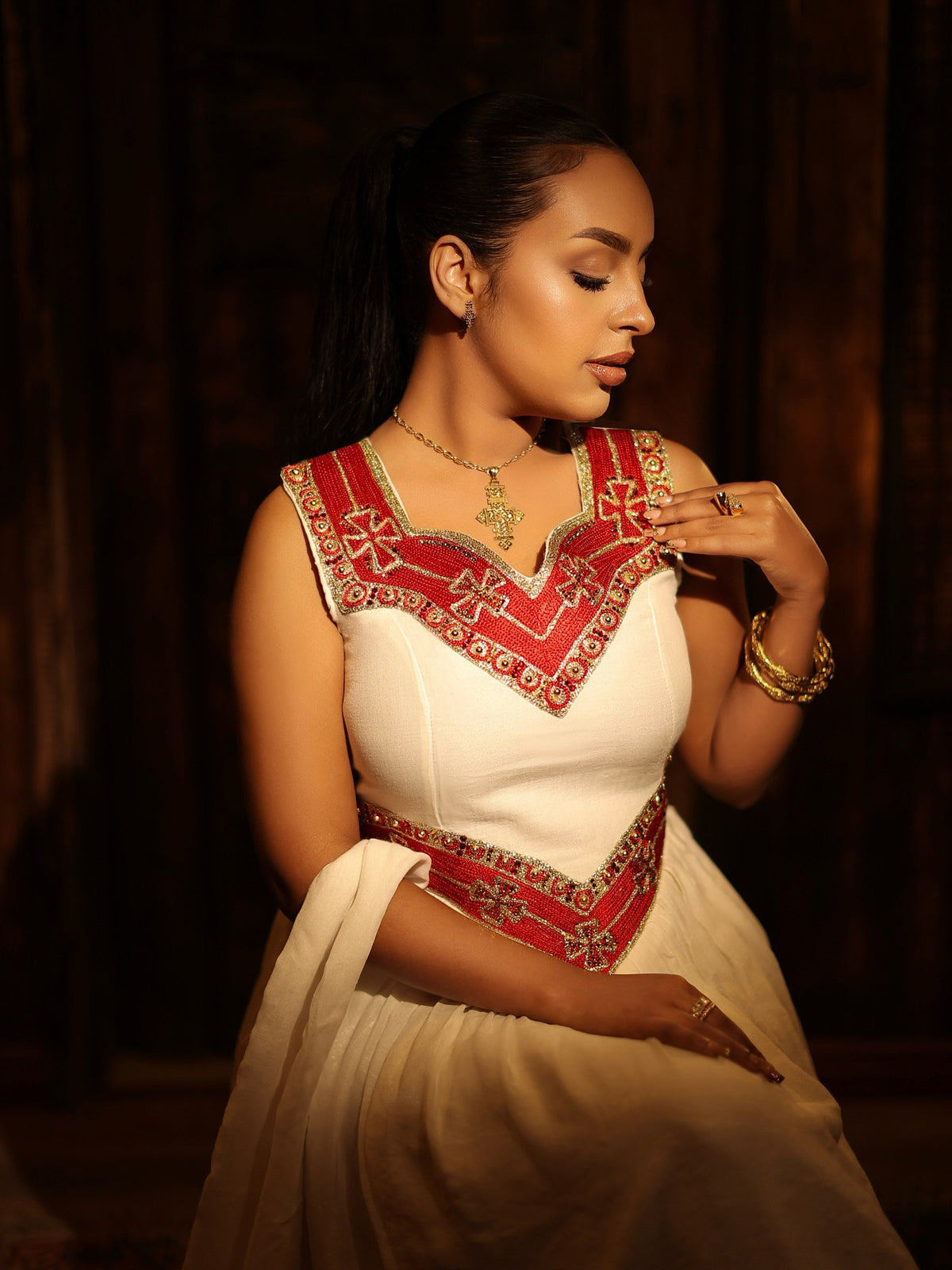ALEMTSEHAY SLEEVELESS HABESHA KEMIS | RED AND GOLDEN EMBROIDERY HABESHA DRESS | CHARMING ETHIOPIAN DRESS