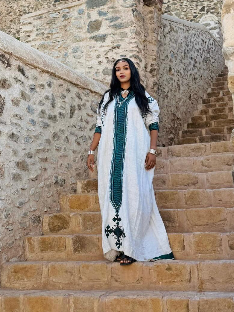 EDILAWIT GREEN AND BLACK EMBROIDERY HABESHA DRESS | LONG SLEEVE HABESHA KEMIS | CHARMING ETHIOPIAN DRESS
