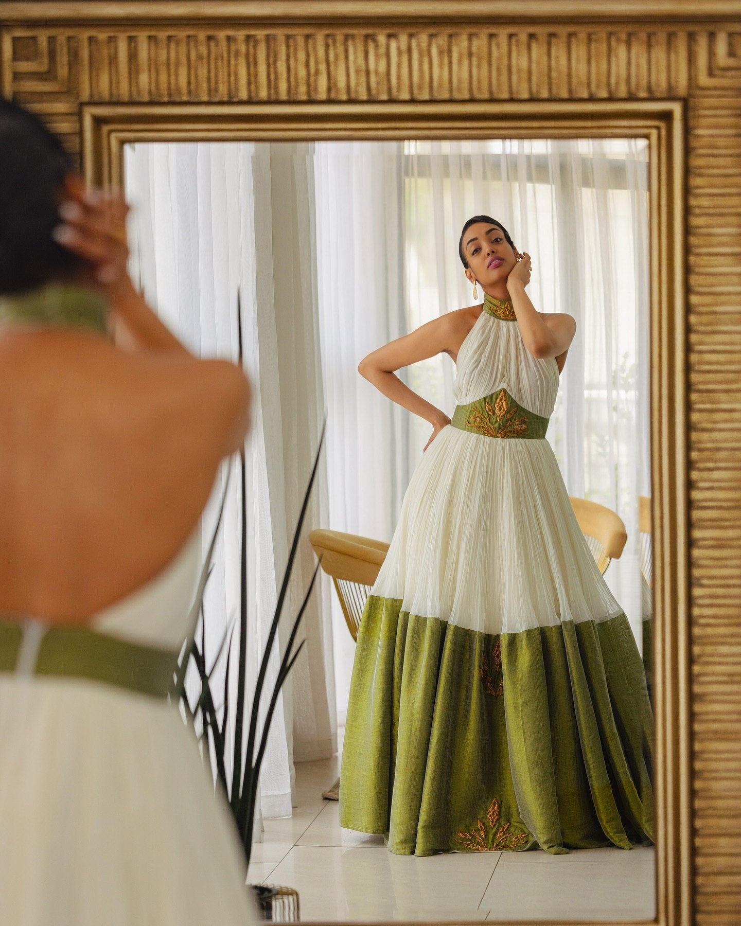 MHRU GREEN AND WHITE HABESHA DRESS | ELEGANT TRADITIONAL ETHIOPIAN CLOTHING | BEAUTIFUL HABESHA KEMIS