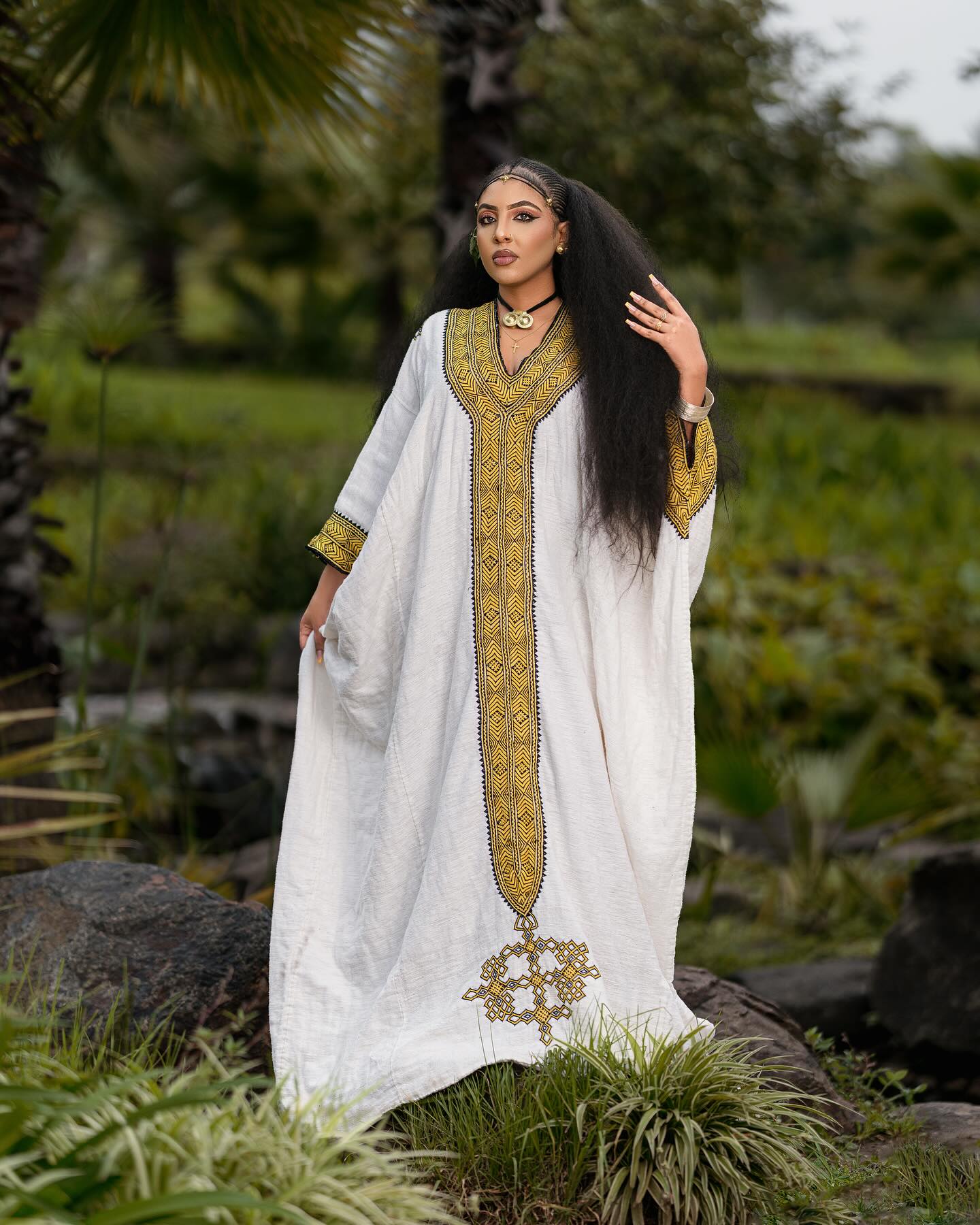 YETNAYET YELLOW & BLACK TIBEB EMBROIDERY ETHIOPIAN DRESS | HANDWOVEN HABESHA KEMIS | STUNNING HABESHA DRESS FOR FESTIVE