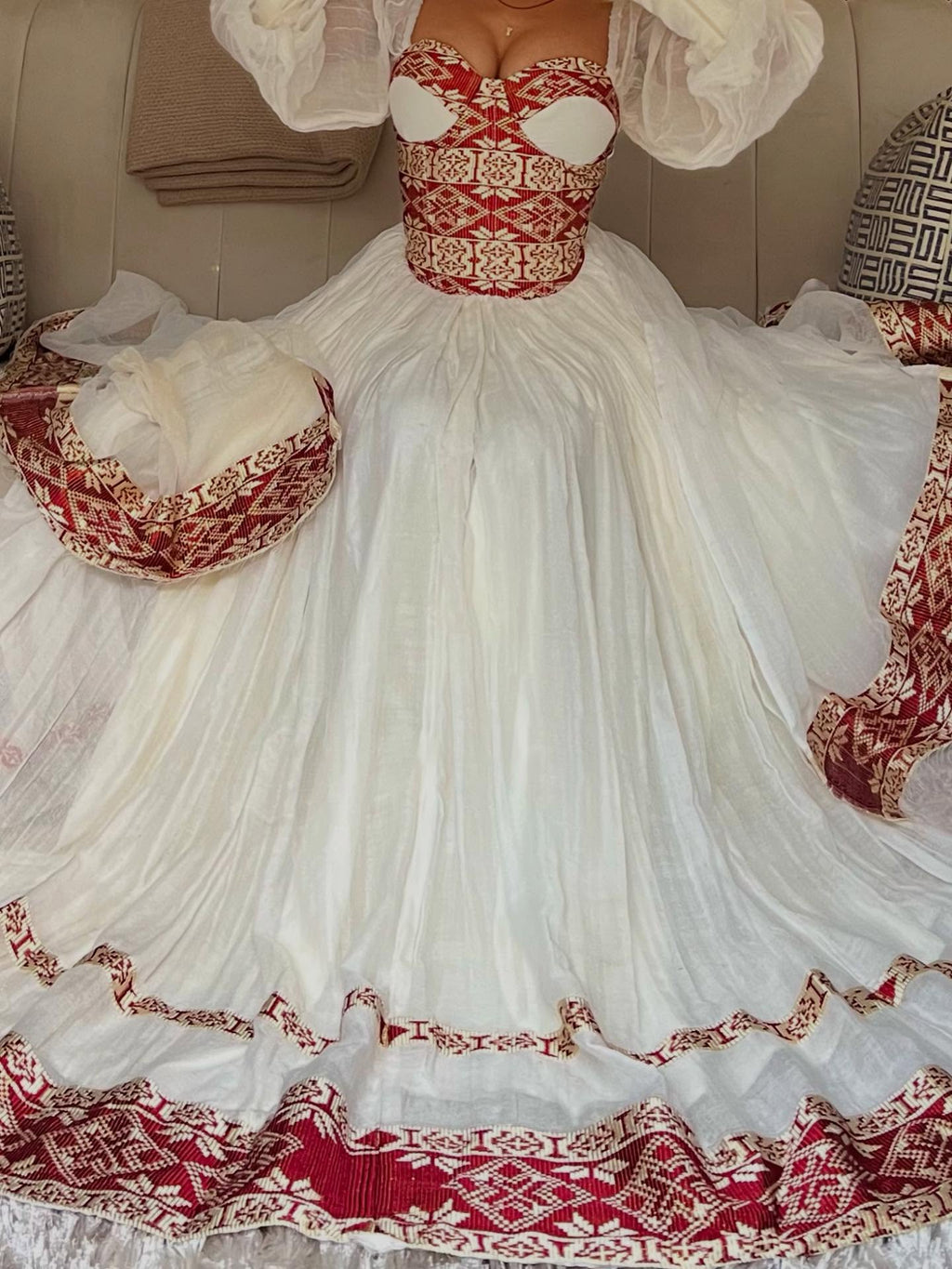 ARIAM ROYAL TRADITIONAL ETHIOPIAN WEDDING DRESS | RED AND GOLD WOVEN PATTERN HABESHA KEMIS | VIBRANT HABESHA DRESS FOR WEDDING