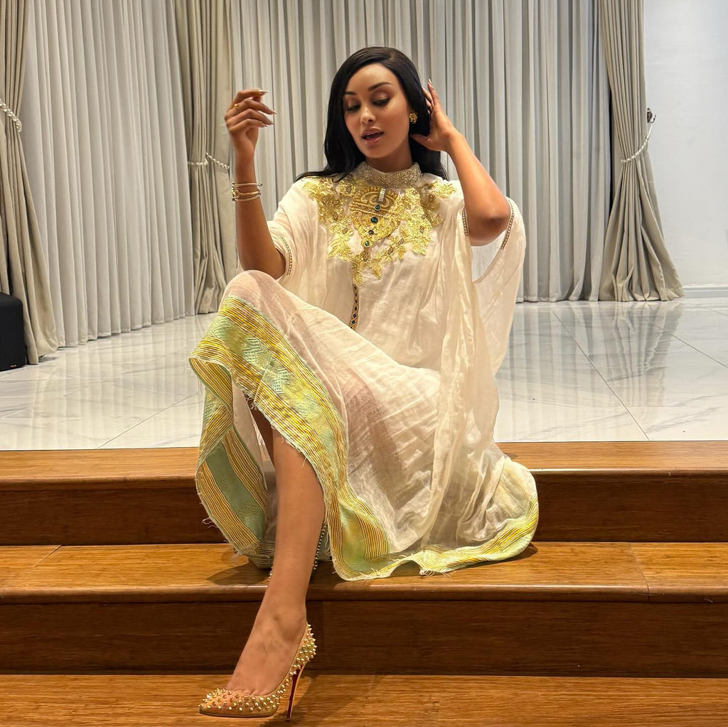 ESKEDAR ETHIOPIAN TRADITIONAL DRESS | GREEN EMBROIDERY HABESHA DRESS | SHORT STYLE HABESHA KEMIS