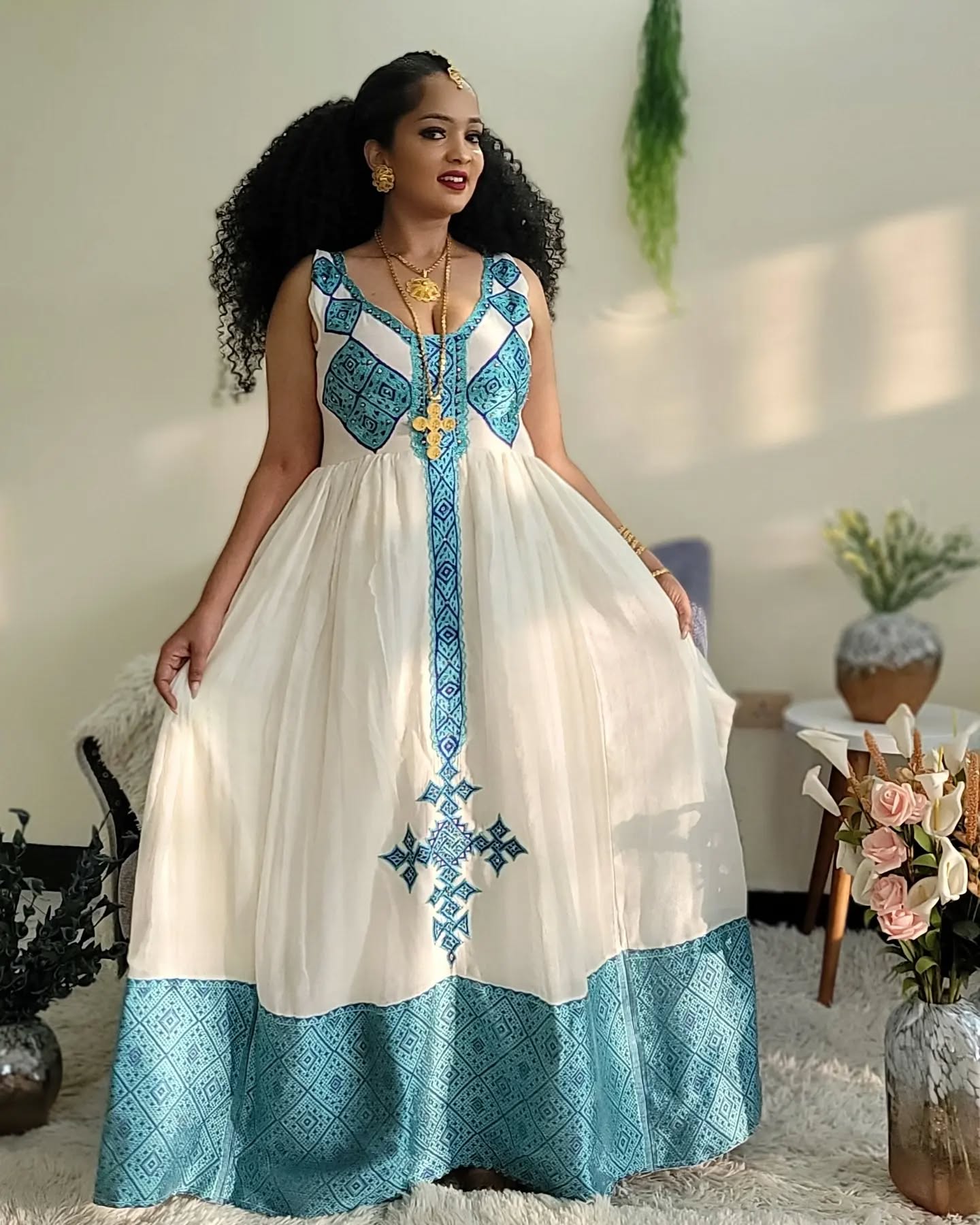 ZERITU SLEEVELESS ETHIOPIAN TRADITIONAL DRESS | CROSS EMBROIDERY HABESHA KEMIS | HABESHA DRESS FOR EVENT