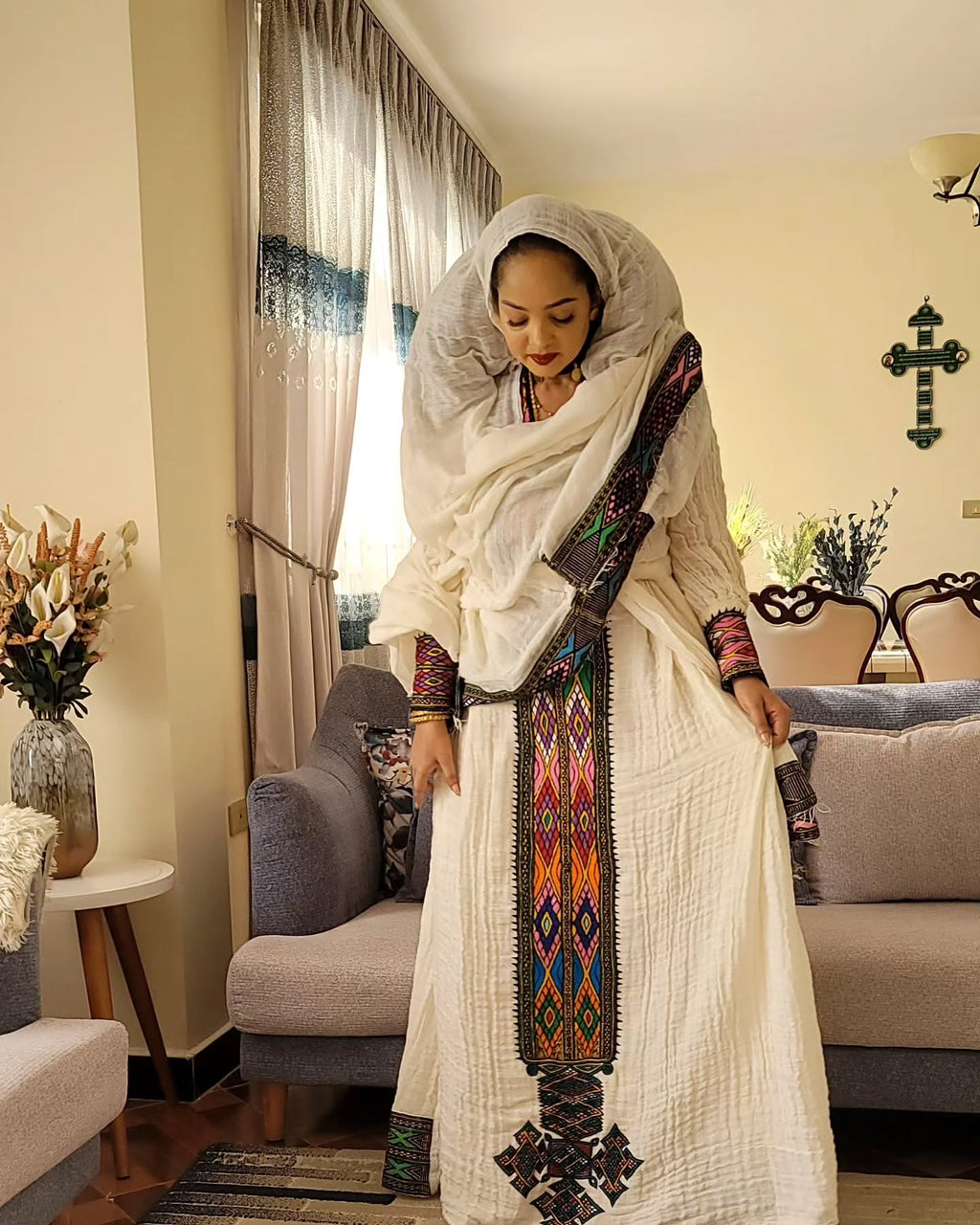 AMEL VIBRANT ETHIOPIAN DRESS | MULTICOLOR EMBROIDERY HABESHA KEMIS | HANDWOVEN HABESHA DRESS