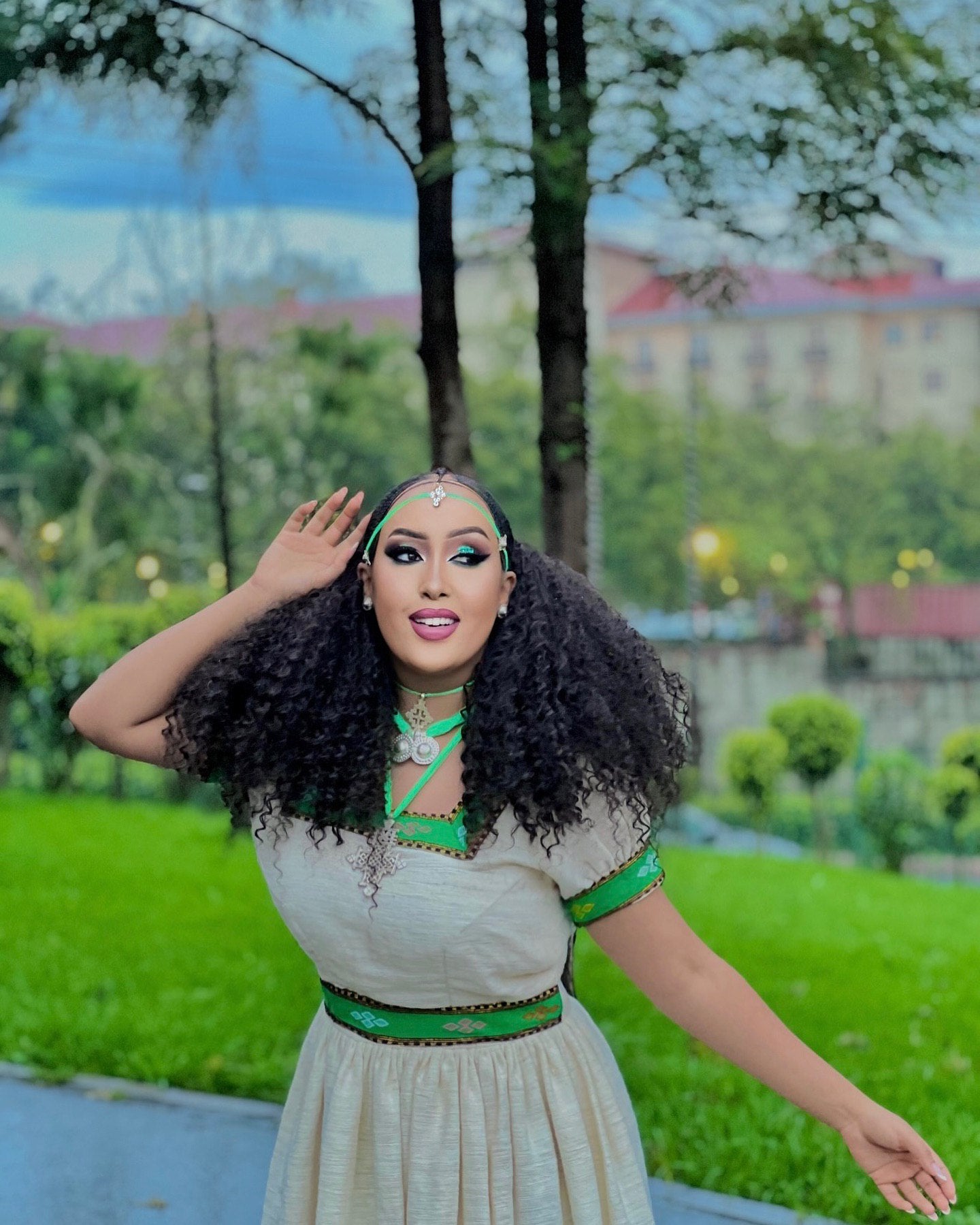 LISH SHORT SLEEVE HABESHA DRESS | GREEN PATTERN HABESHA KEMIS | ETHIOPIAN TRADITIONAL DRESS STYLE