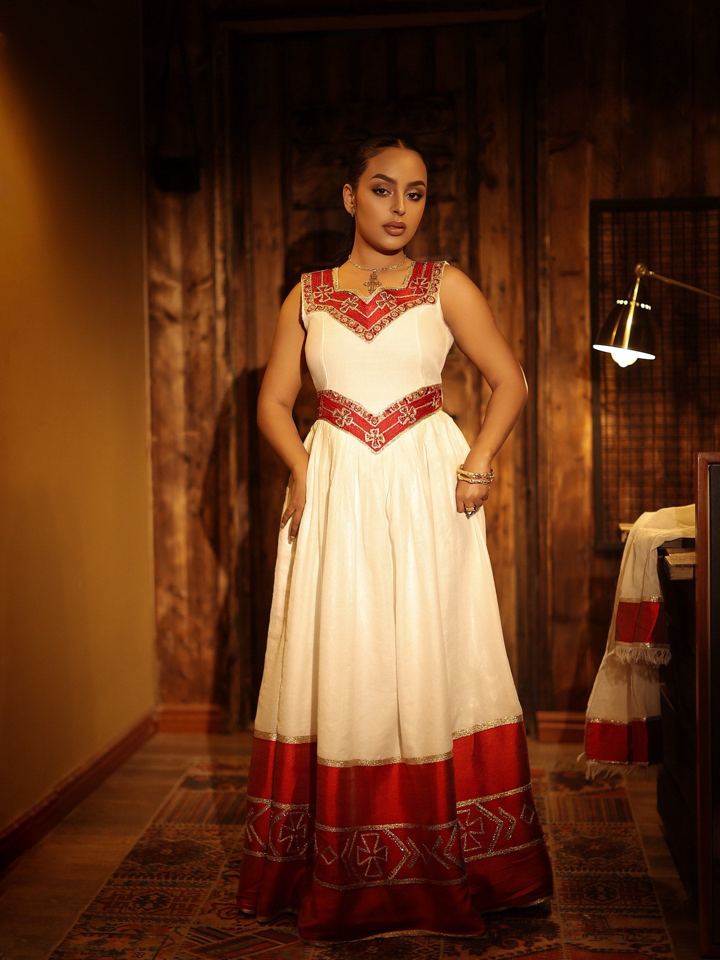 ALEMTSEHAY SLEEVELESS HABESHA KEMIS | RED AND GOLDEN EMBROIDERY HABESHA DRESS | CHARMING ETHIOPIAN DRESS