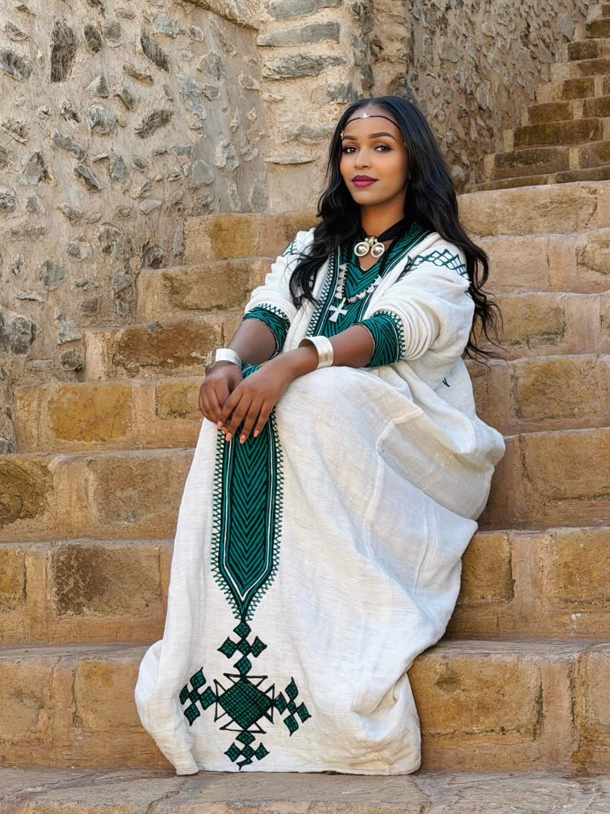 EDILAWIT GREEN AND BLACK EMBROIDERY HABESHA DRESS | LONG SLEEVE HABESHA KEMIS | CHARMING ETHIOPIAN DRESS