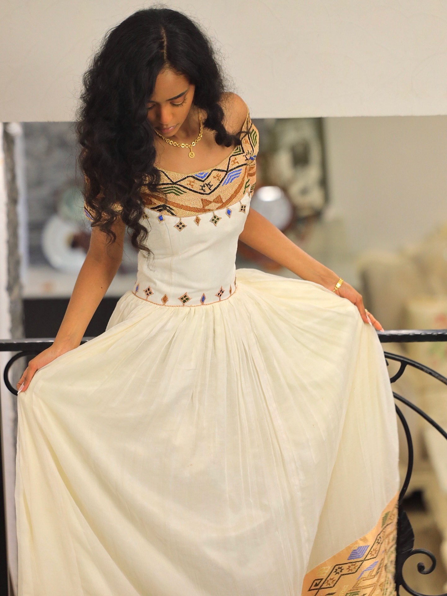 ANNA STUNNING OFF-SHOULDER HABESHA KEMIS | MULTICOLOR EMBROIDERY HABESHA DRESS | TRADITIONAL ETHIOPIAN CLOTHING
