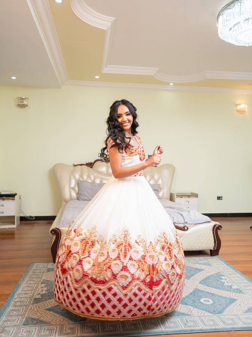 REDIETNESH RADIANT HABESHA KEMIS | RED AND GOLDEN HABESHA DRESS | ETHIOPIAN WEDDING DRESS