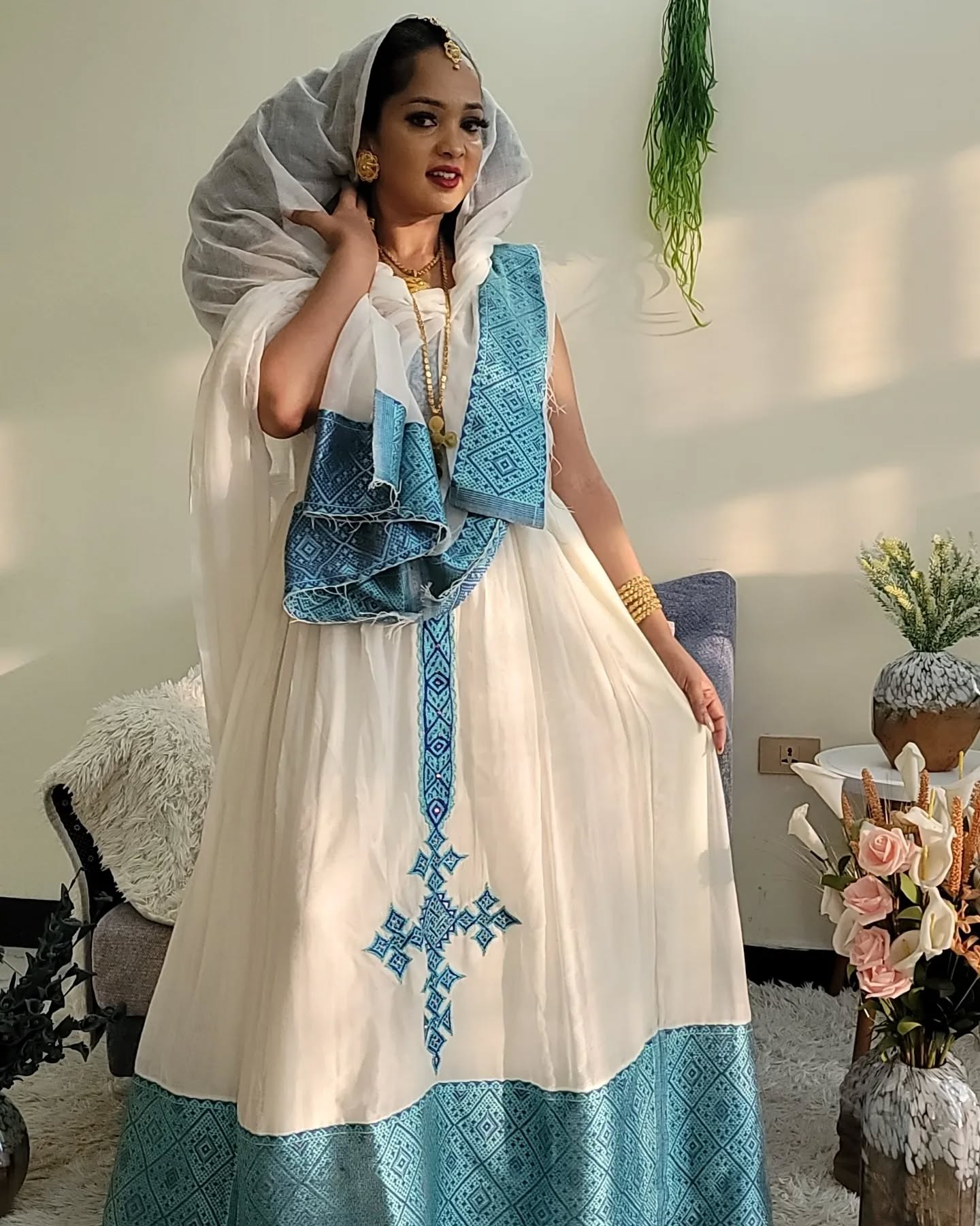 ZERITU SLEEVELESS ETHIOPIAN TRADITIONAL DRESS | CROSS EMBROIDERY HABESHA KEMIS | HABESHA DRESS FOR EVENT