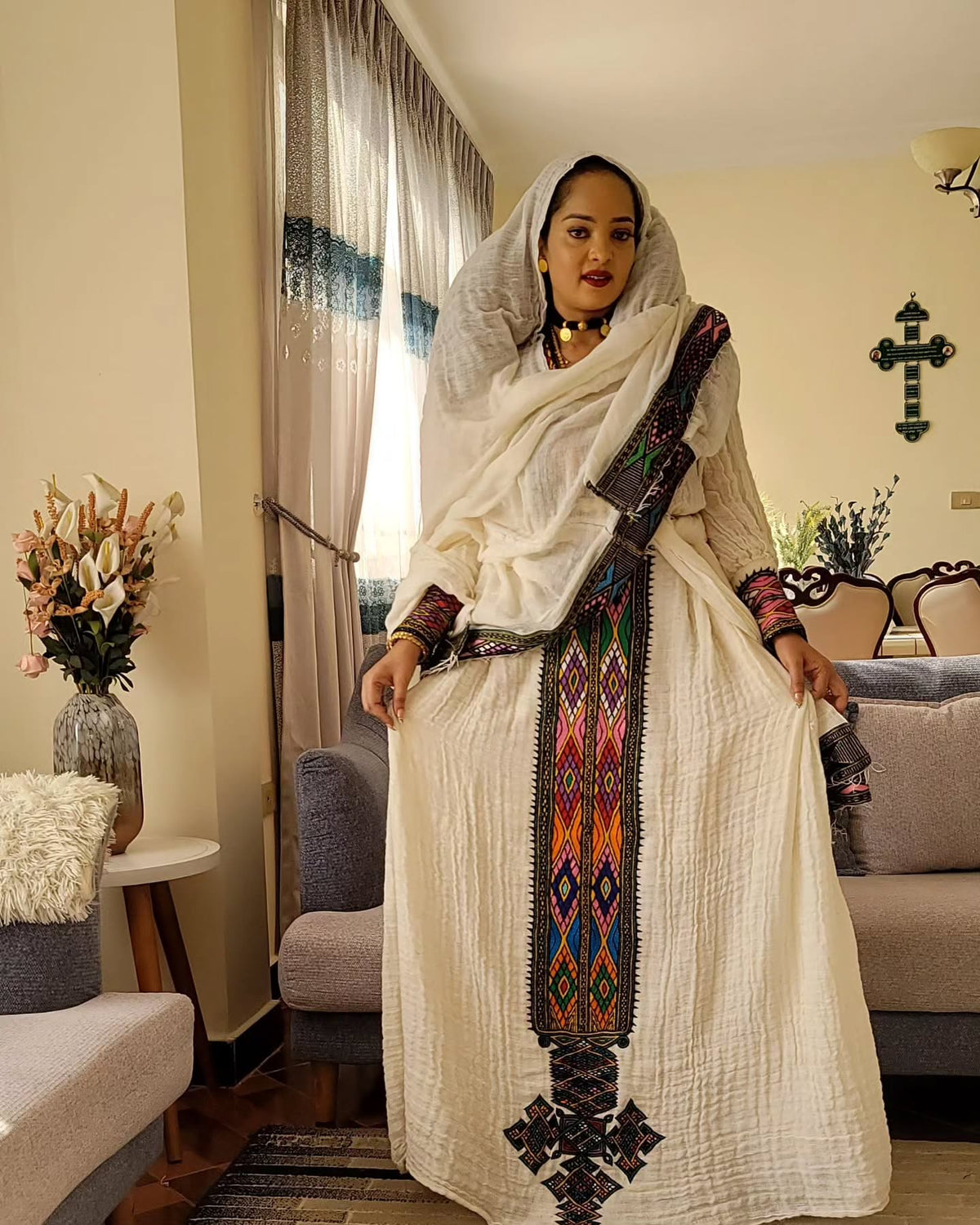 AMEL VIBRANT ETHIOPIAN DRESS | MULTICOLOR EMBROIDERY HABESHA KEMIS | HANDWOVEN HABESHA DRESS