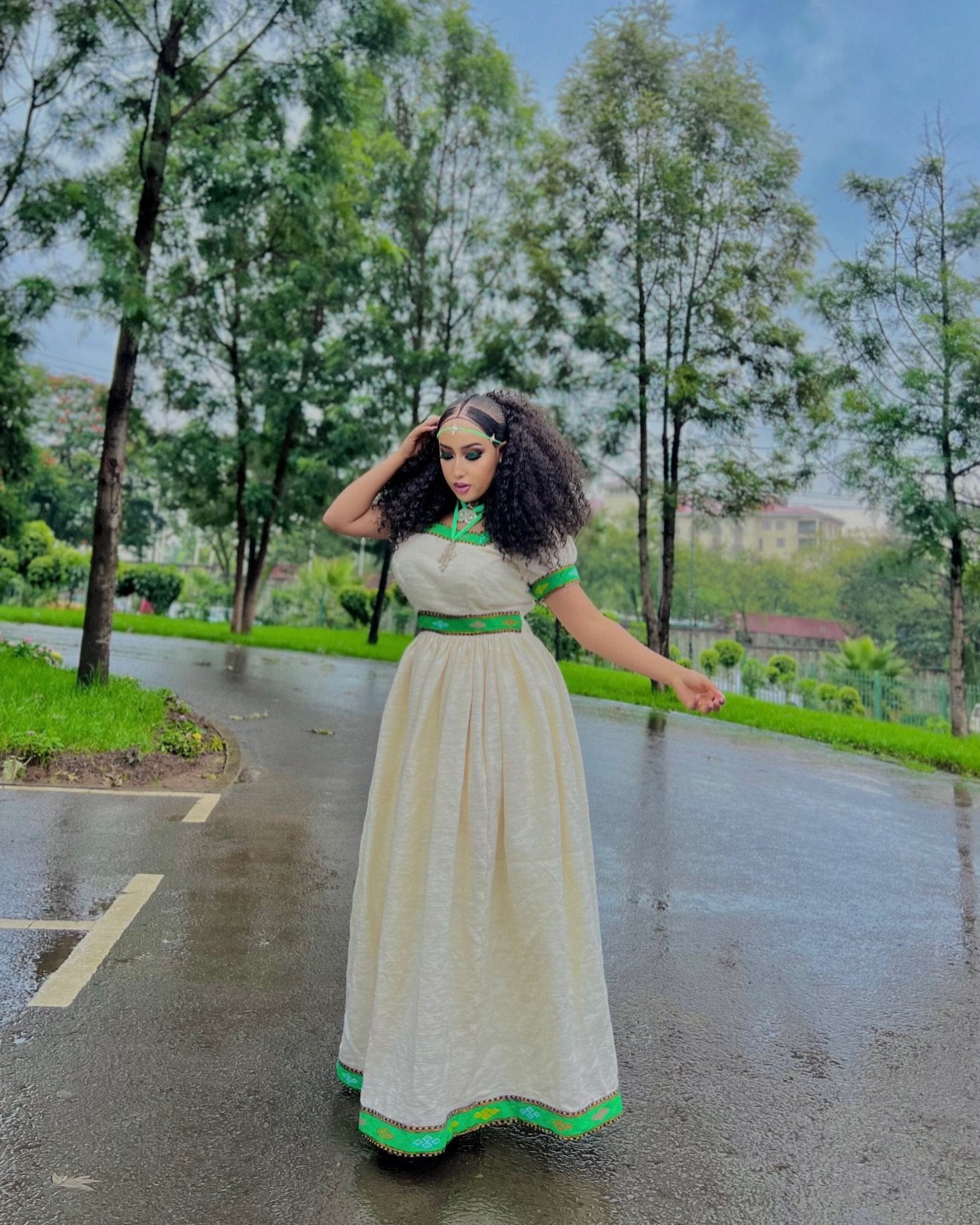 LISH SHORT SLEEVE HABESHA DRESS | GREEN PATTERN HABESHA KEMIS | ETHIOPIAN TRADITIONAL DRESS STYLE