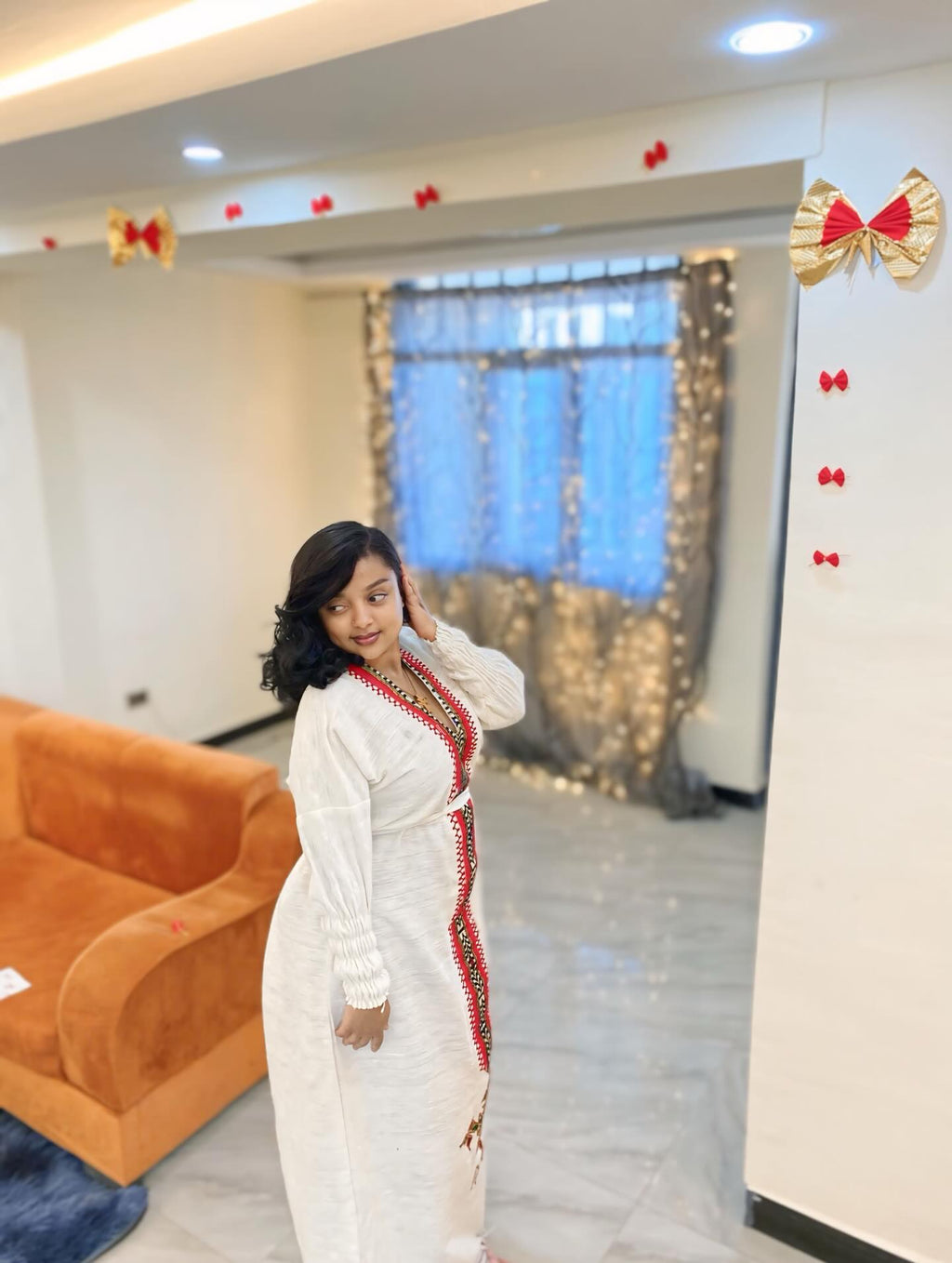 KIDAN V-NECKLINE HABESHA KEMIS | RED EMBROIDERY HABESHA DRESS | TRADITIONAL ETHIOPIAN DRESS