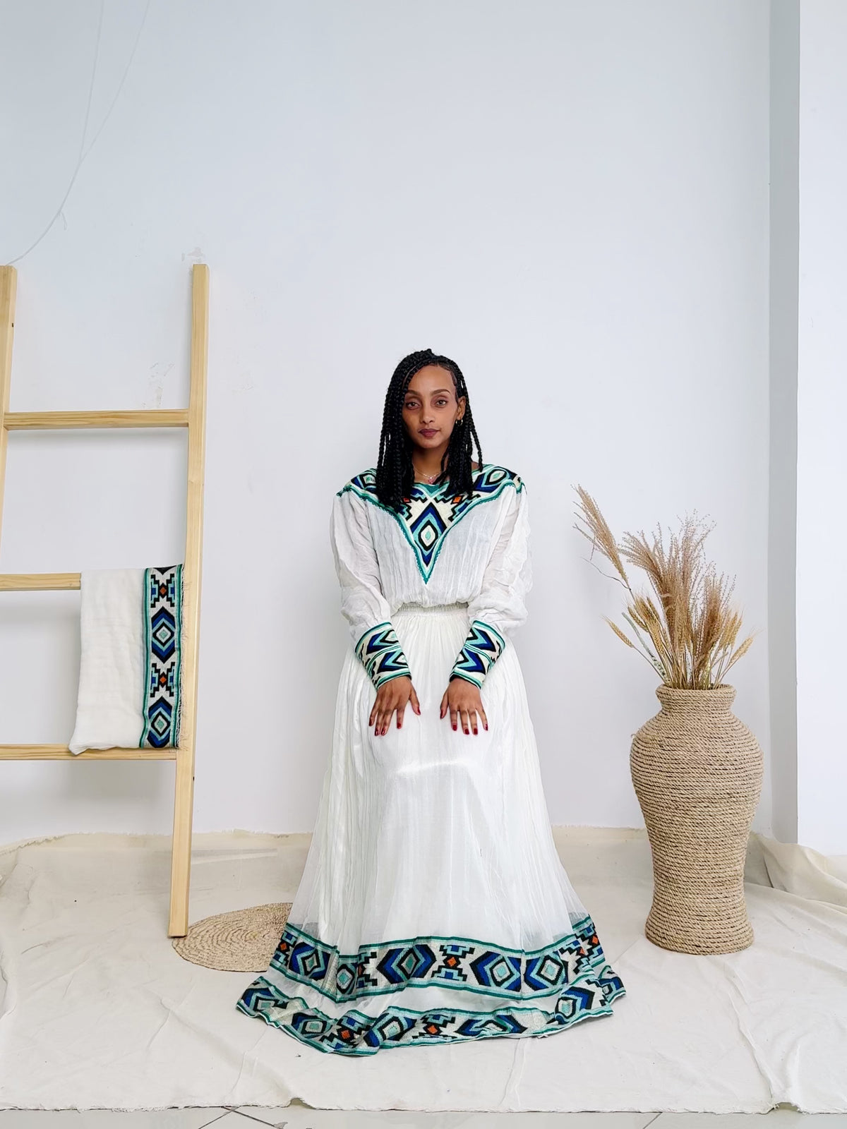 Blue Habesha Kemis with Diamond like Patterns Hab01