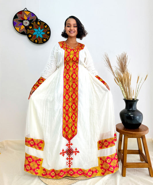 Red and Gold Habesha Dress with a Matching Scarf Hab38