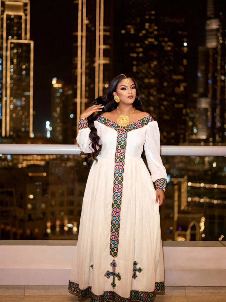 SELOME LONG SLEEVE HABESHA DRESS | MULTICOLOR ETHIOPIAN & ERITREAN CLOTHING | STYLISH HABESHA KEMIS