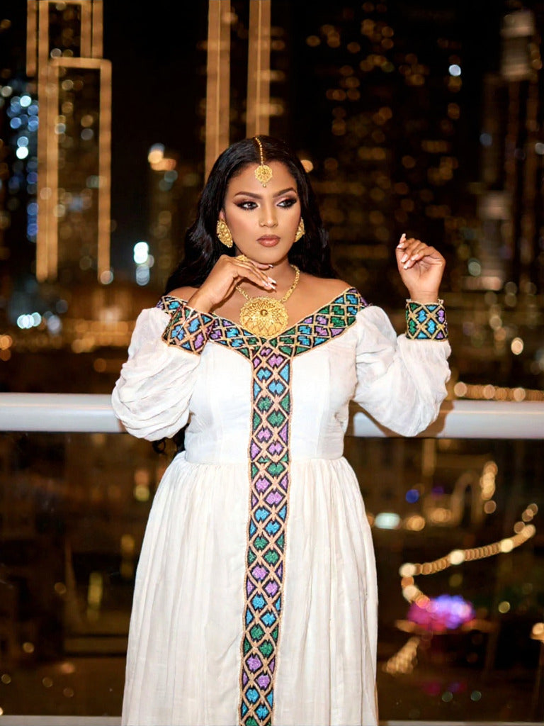 SELOME LONG SLEEVE HABESHA DRESS | MULTICOLOR ETHIOPIAN & ERITREAN CLOTHING | STYLISH HABESHA KEMIS