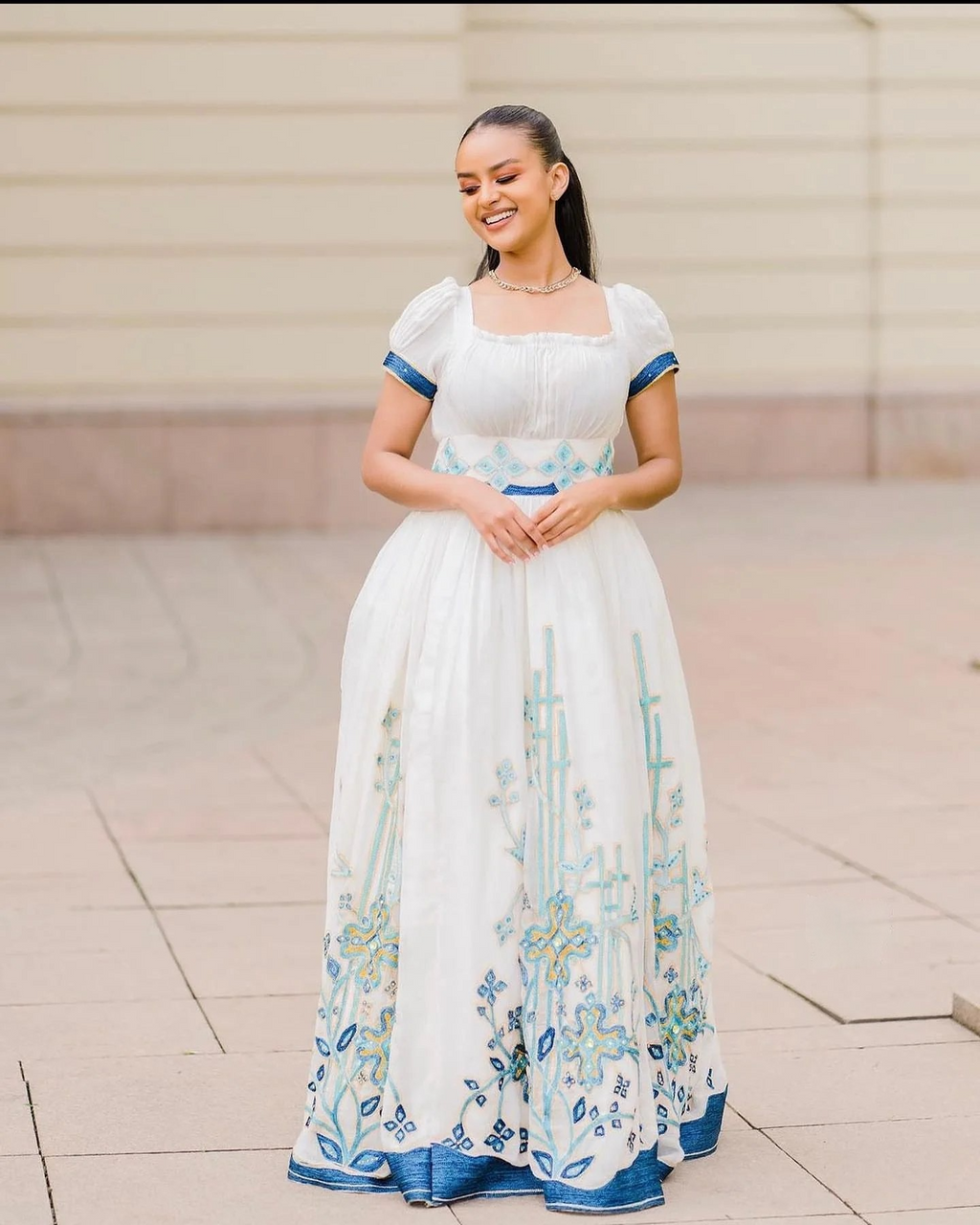 BLUE EMBROIDERY HABESHA DRESS WITH SHORT SLEEVE | TRADITIONAL ETHIOPIAN CLOTHING