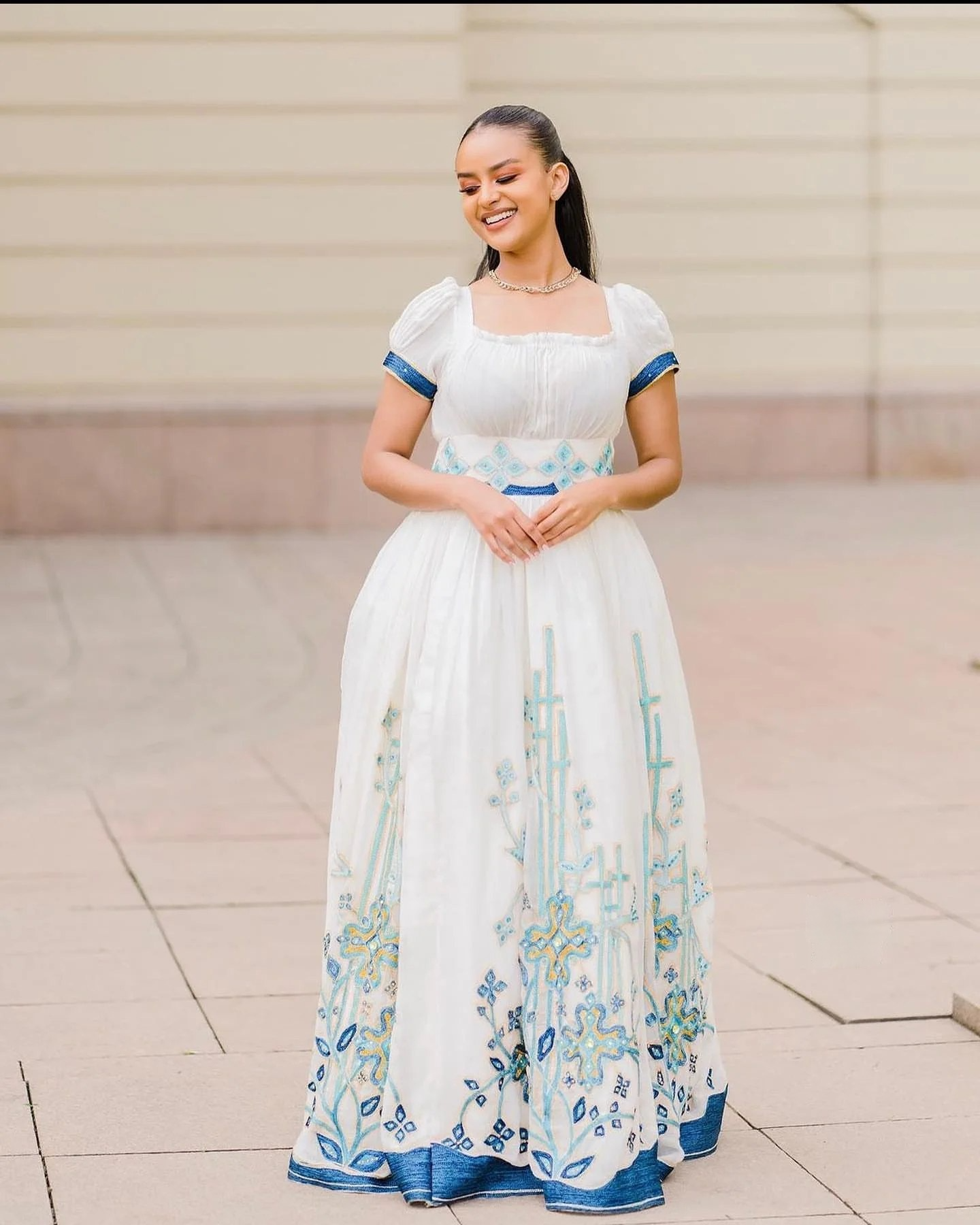 BLUE EMBROIDERY HABESHA DRESS WITH SHORT SLEEVE | TRADITIONAL ETHIOPIAN CLOTHING