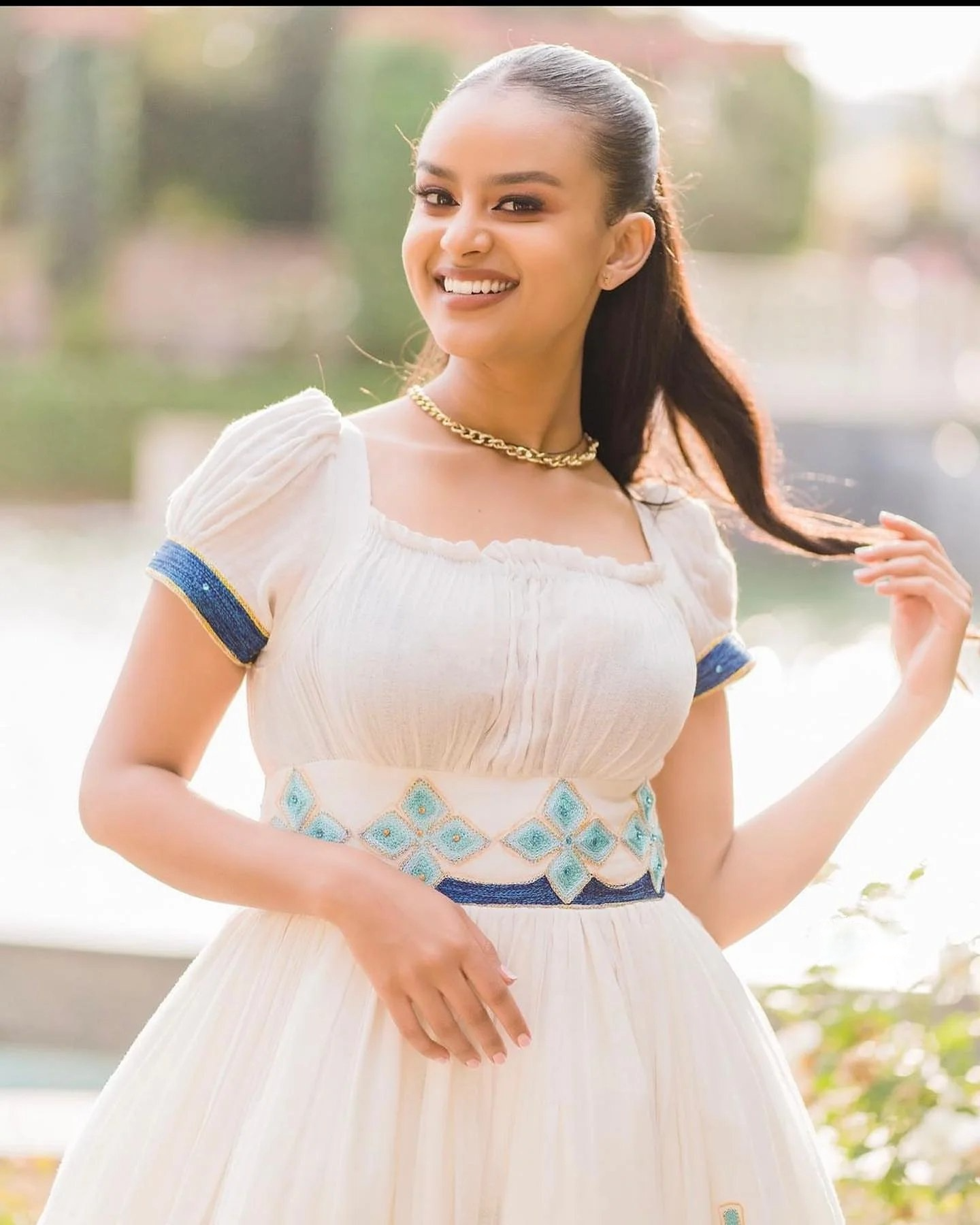 DIBOYE BLUE EMBROIDERY HABESHA DRESS | SHORT SLEEVE HABESHA KEMIS | TRADITIONAL ETHIOPIAN CLOTHING