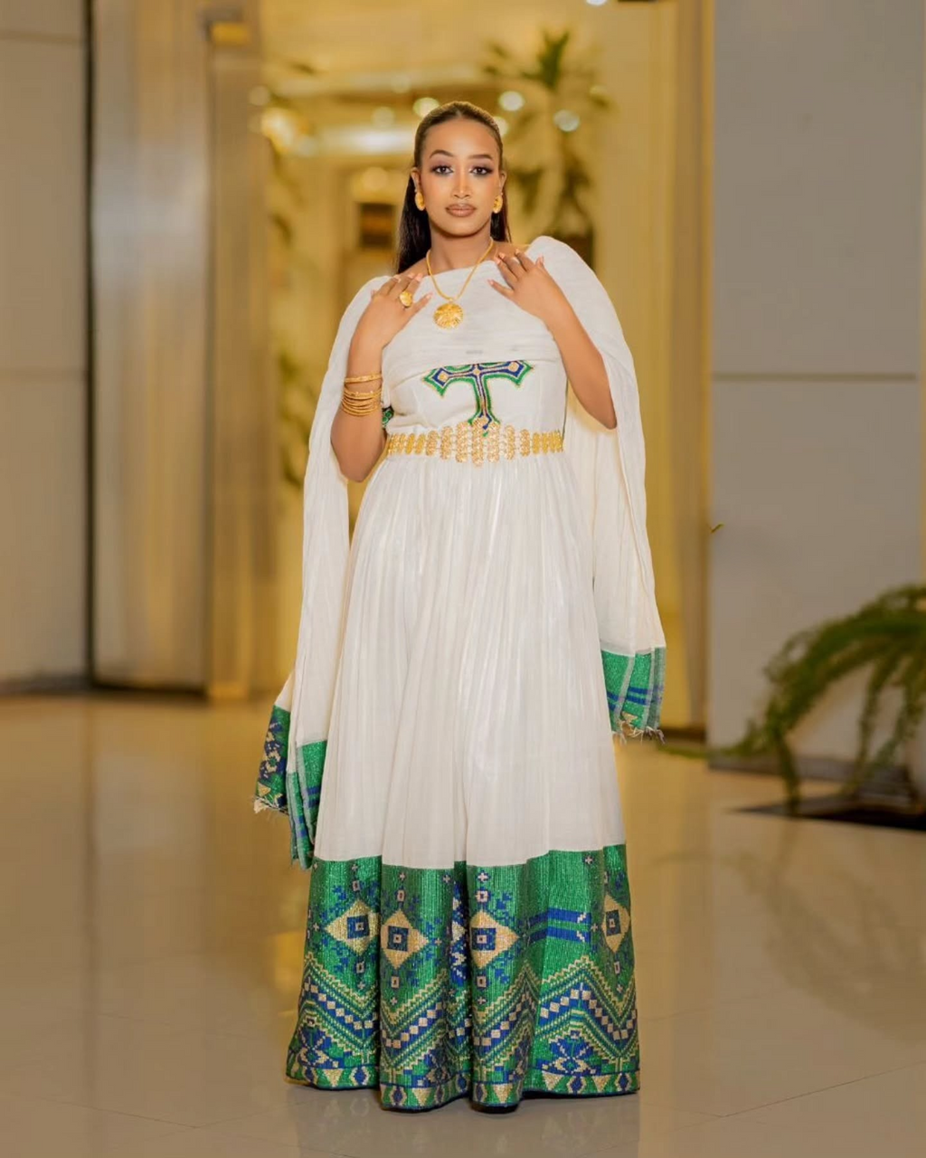 GREEN WOVEN HABESHA DRESS WITH SHORT SLEEVES | ETHIOPIAN TRADITIONAL ATTIRE