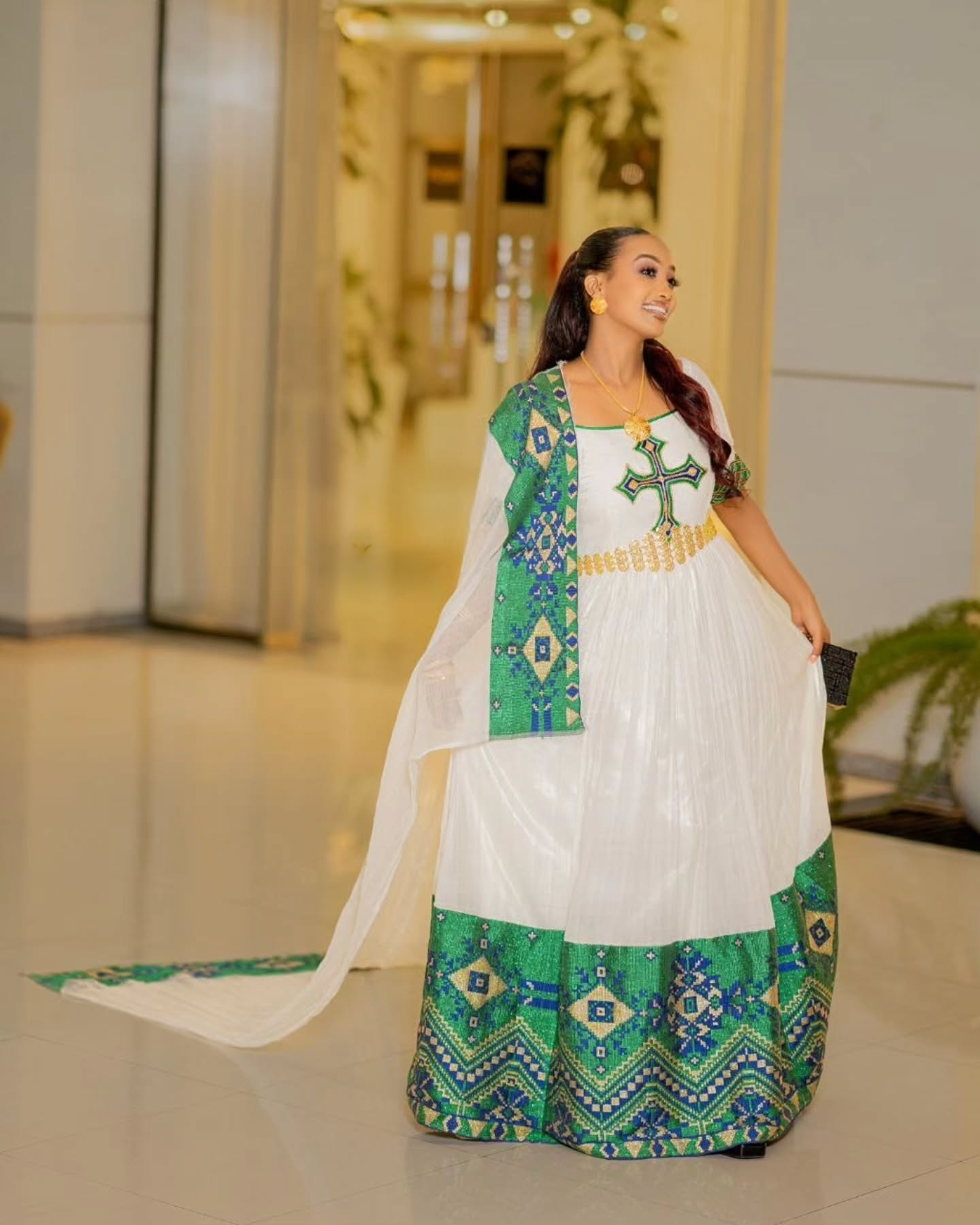 ABRIHET GREEN WOVEN HABESHA DRESS | SHORT SLEEVES HABESHA KEMIS | ETHIOPIAN TRADITIONAL ATTIRE