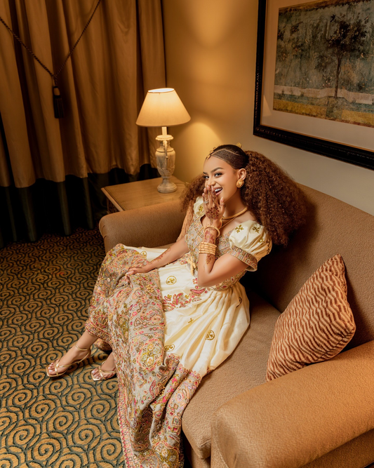 BEAUTIFUL SHORT SLEEVE GOLDEN EMBROIDERY HABESHA DRESS AUTHENTIC ETHIOPIAN CLOTHING 