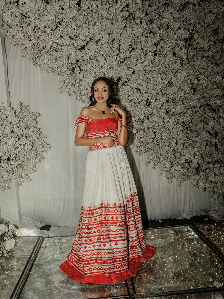 RED EMBROIDERED ETHIOPIAN WEDDING DRESS 