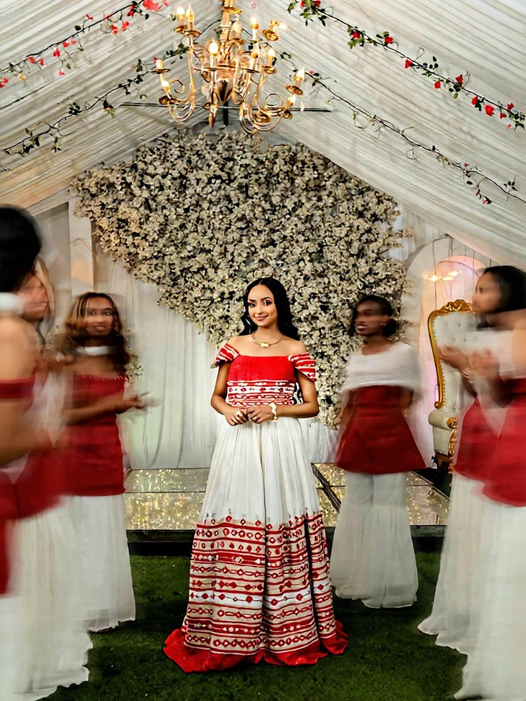 NANATI HABESHA DRESS FOR WEDDING | RED EMBROIDERY HABESHA KEMIS | OFF-SHOULDER ETHIOPIAN CLOTHING