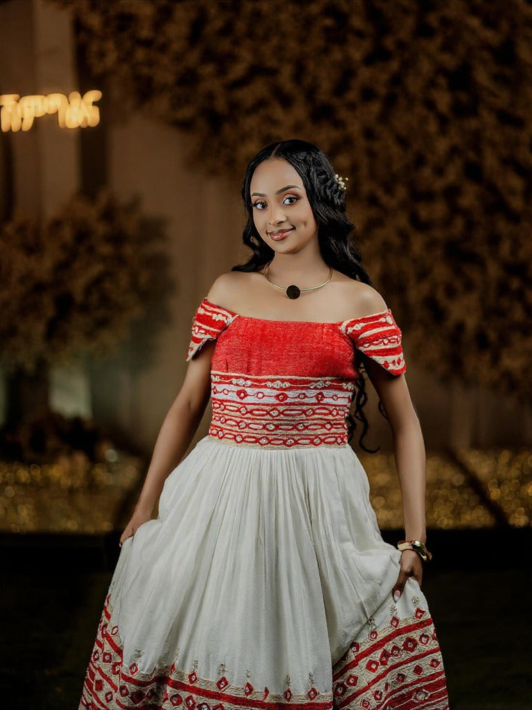 NANATI HABESHA DRESS FOR WEDDING | RED EMBROIDERY HABESHA KEMIS | OFF-SHOULDER ETHIOPIAN CLOTHING