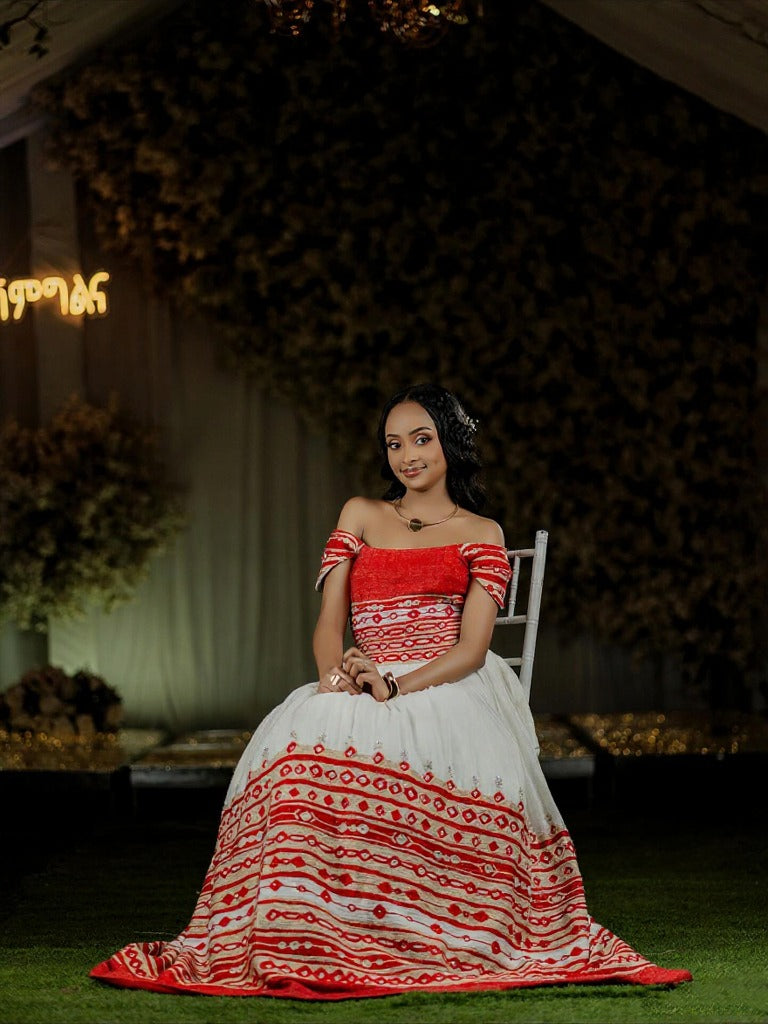NANATI HABESHA DRESS FOR WEDDING | RED EMBROIDERY HABESHA KEMIS | OFF-SHOULDER ETHIOPIAN CLOTHING