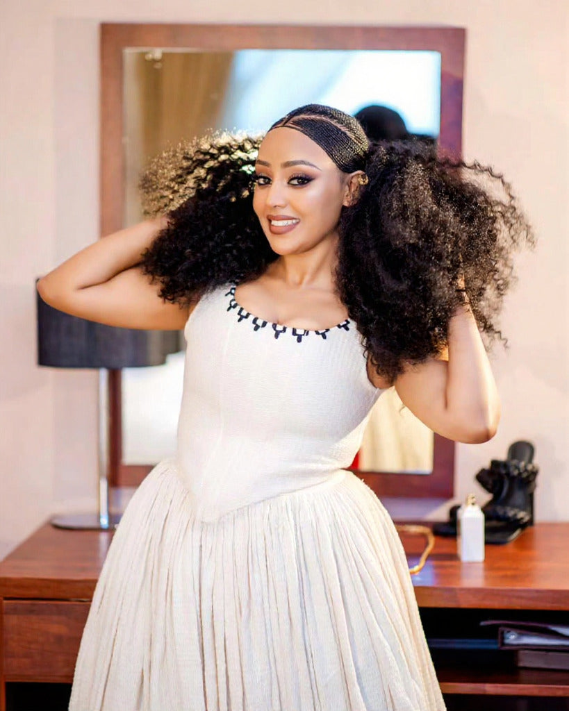 WORKITU HABESHA KEMIS WITH BLACK EMBROIDERY | TRADITIONAL ETHIOPIAN CLOTHING | SIMPLE DESIGN HABESHA DRESS