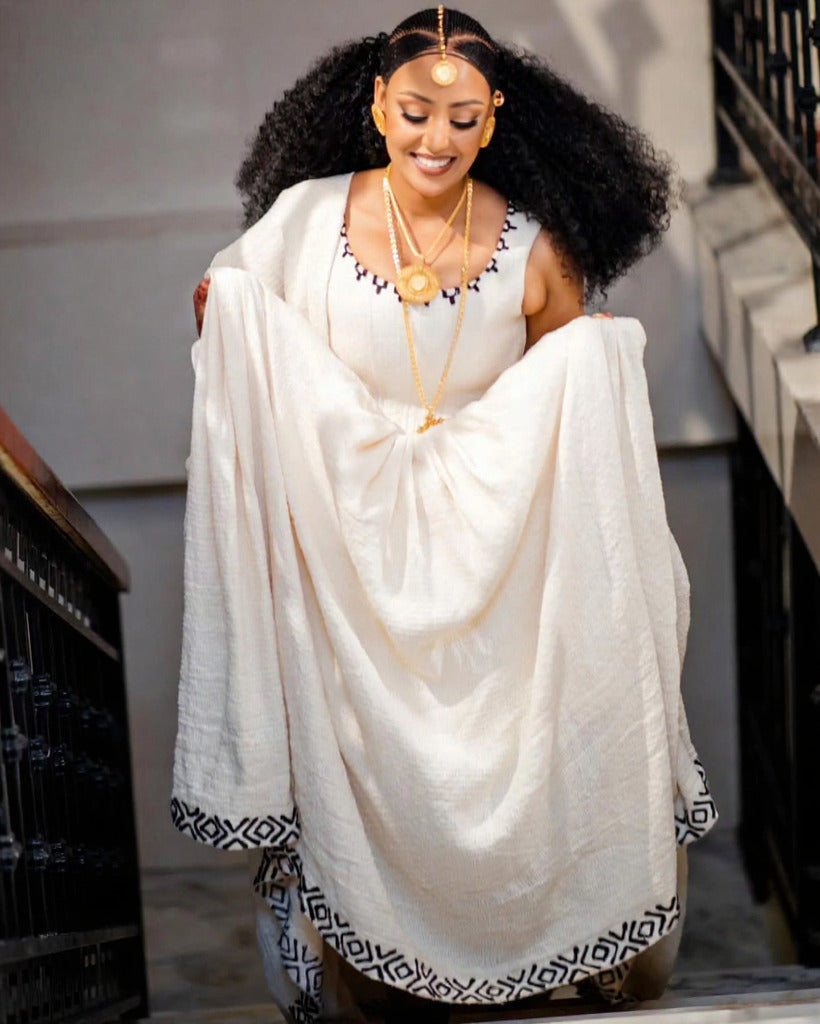 WORKITU HABESHA KEMIS WITH BLACK EMBROIDERY | TRADITIONAL ETHIOPIAN CLOTHING | SIMPLE DESIGN HABESHA DRESS