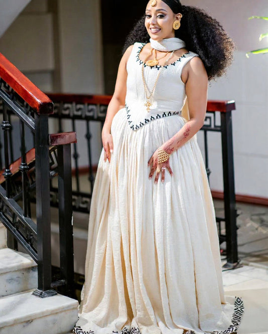 HABESHA KEMIS WITH BLACK EMBROIDERY | TRADITIONAL ETHIOPIAN CLOTHING | ELEGANT ETHIOPIAN DRESS