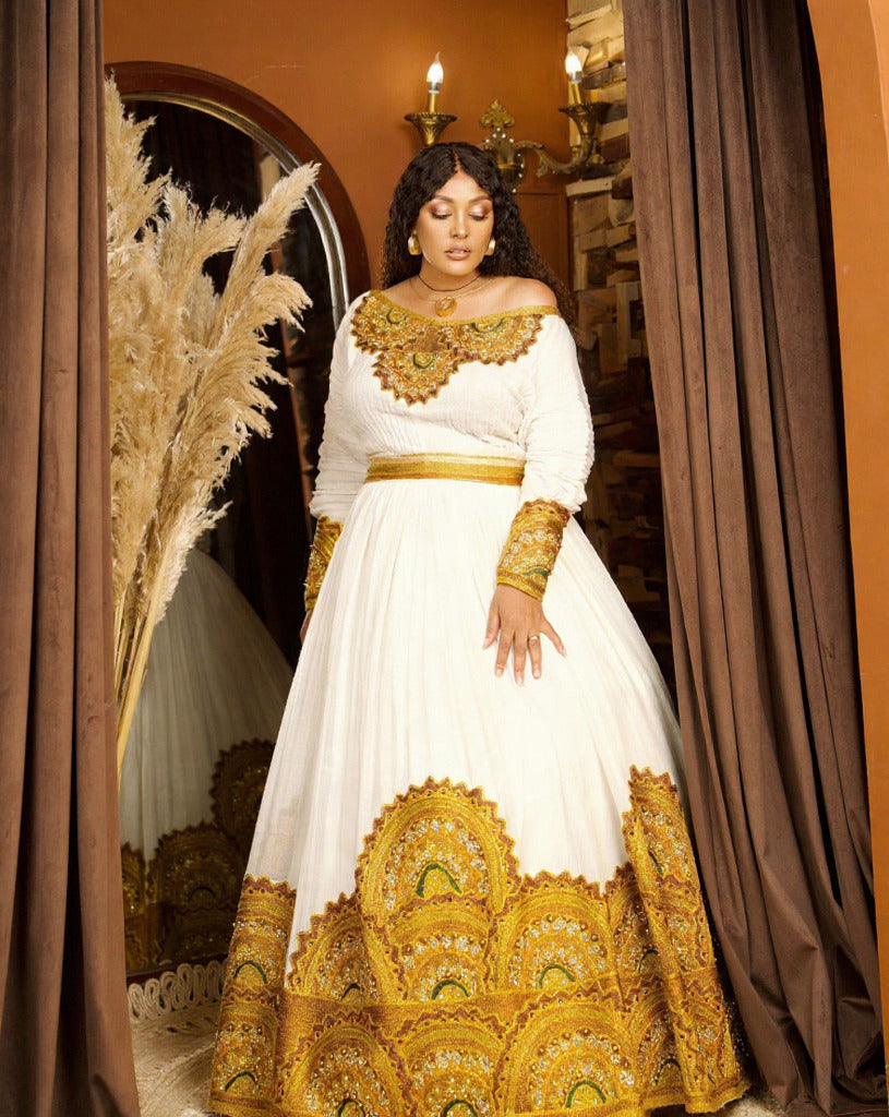 TEAMIR LUXURIOUS GOLDEN HABESHA DRESS | TRADITIONAL ETHIOPIAN & ERITREAN HABESHA KEMIS | ETHIOPIAN WEDDING DRESS