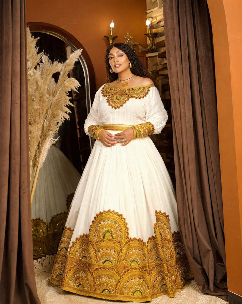 TEAMIR LUXURIOUS GOLDEN HABESHA DRESS | TRADITIONAL ETHIOPIAN & ERITREAN HABESHA KEMIS | ETHIOPIAN WEDDING DRESS