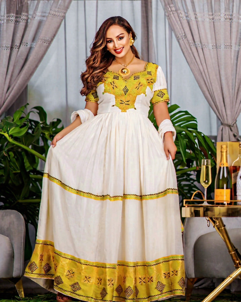 YELLOW HABESHA DRESS ETHIOPIAN DRESS WITH SHORT SLEEVE STYLE